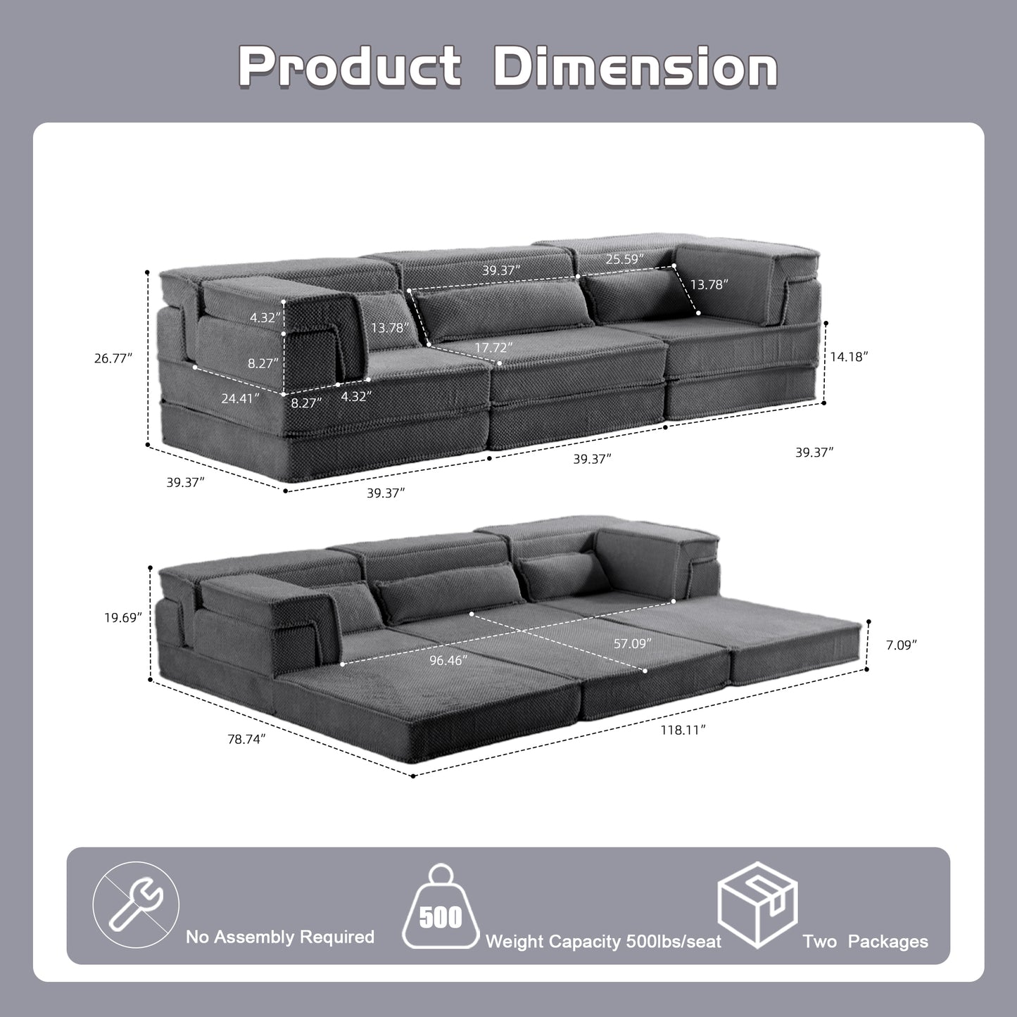 Convertible Floor Sofa Bed - Oversized 3 Seater with Pillows - Dark Gray