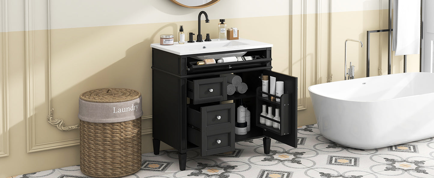30'' Modern Bathroom Vanity with Ceramic Sink and Storage - Black
