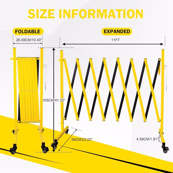 Metal Expandable Barricade 11FT Retractable Safety Fence with Casters
