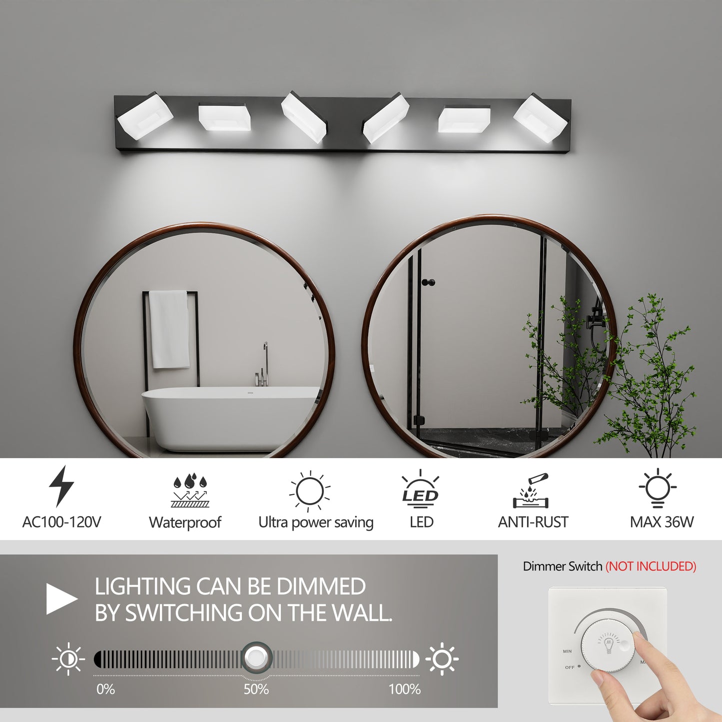 6-Light LED Bathroom Vanity Light Fixture - Matte Black, 39-Inch