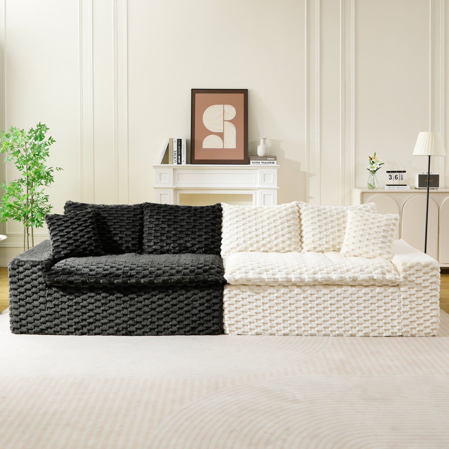 Multifunctional Color-Block Velvet Sofa - 4 Seats, White & Black