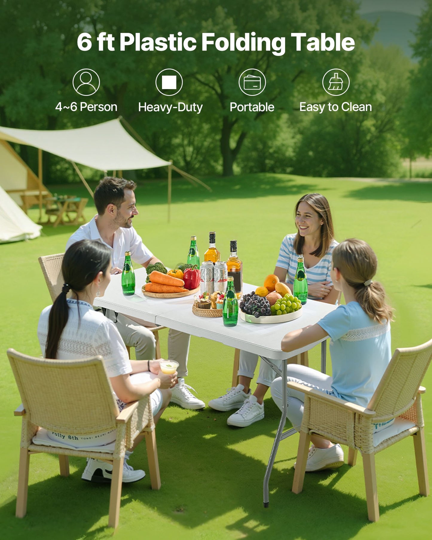 6 Ft Portable Folding Picnic Table - Indoor Outdoor Utility Table with Handle