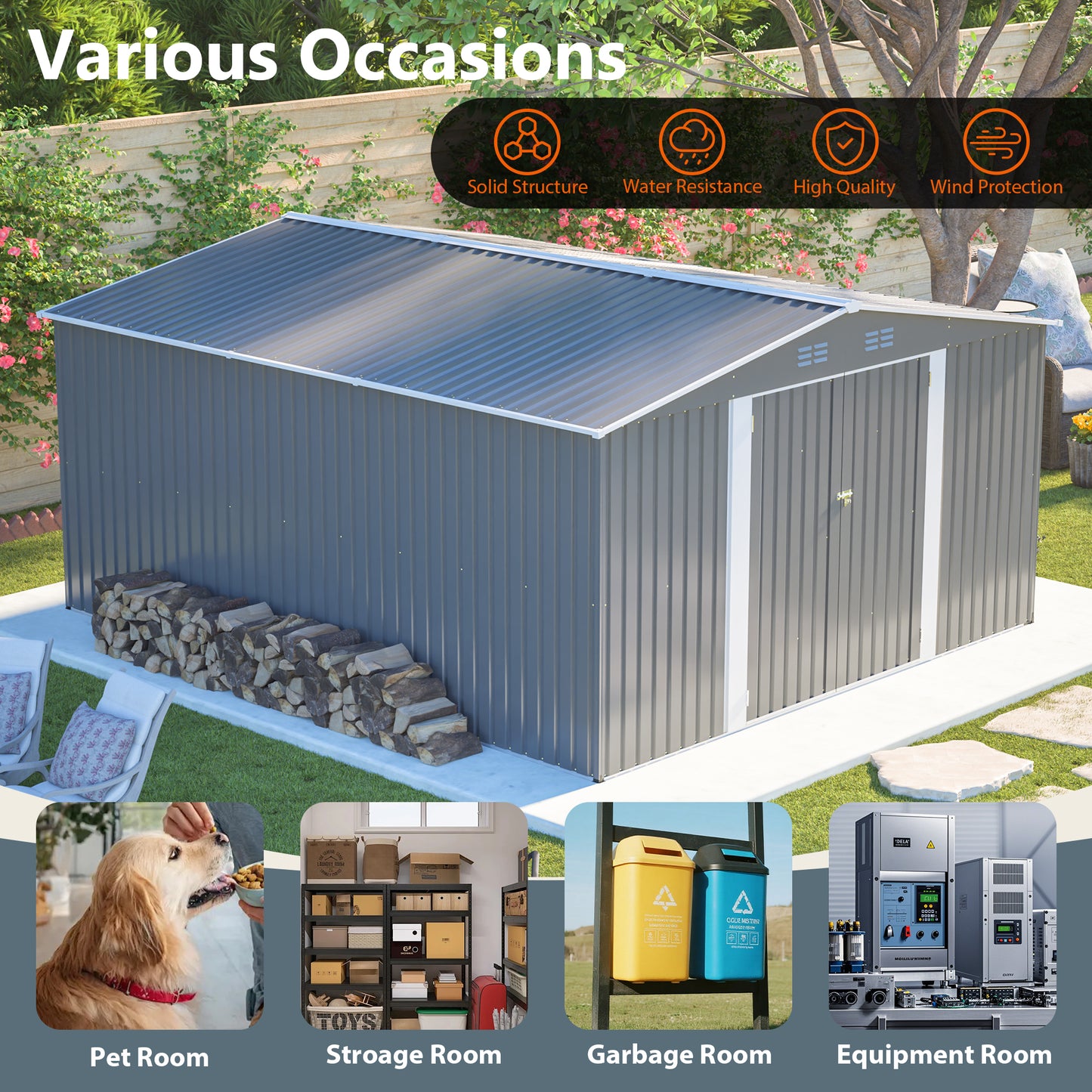 12x14 ft Outdoor Metal Storage Shed - Waterproof Garden Tool Shed