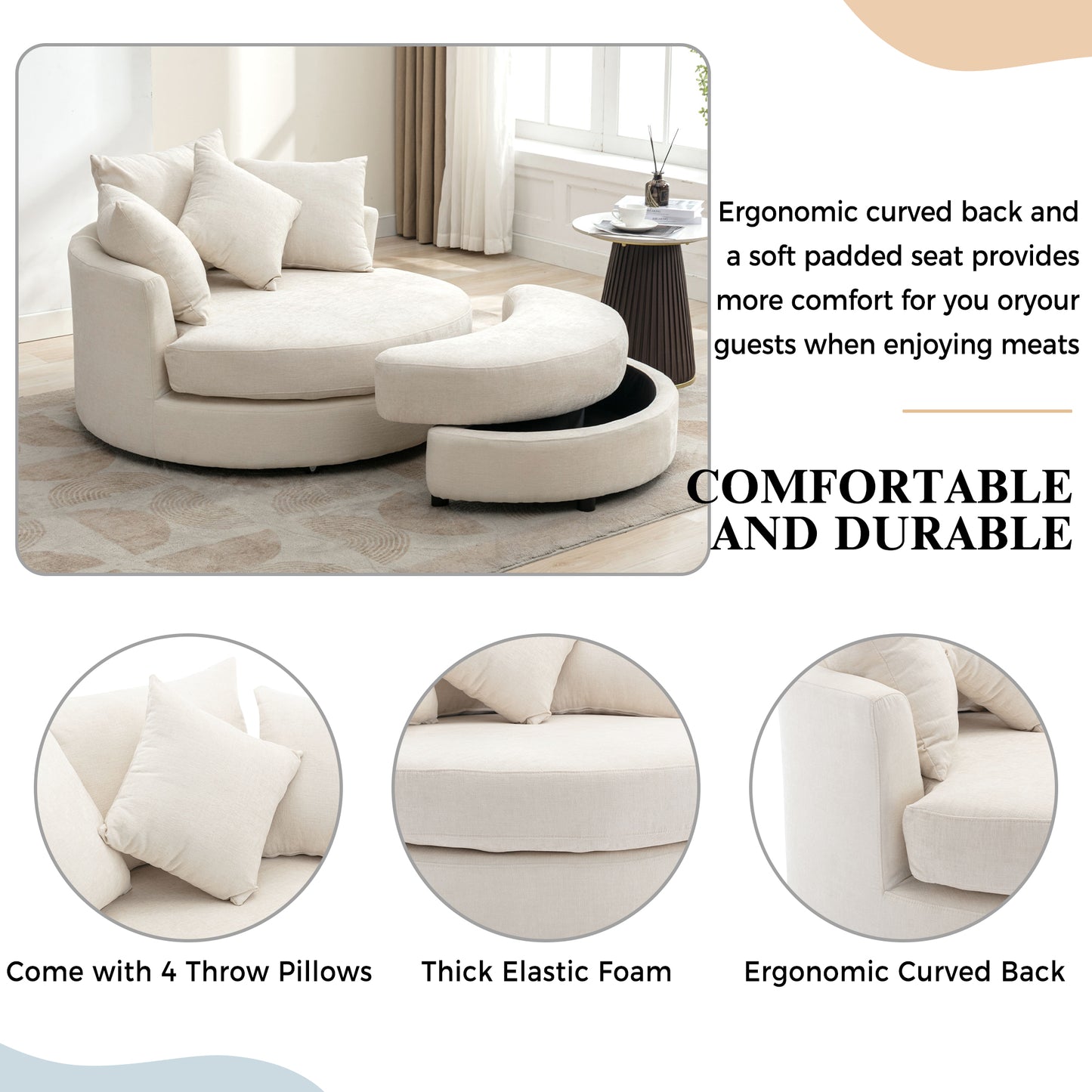 360° Swivel Accent Barrel Chair with Storage Ottoman & 4 Pillows - Cream