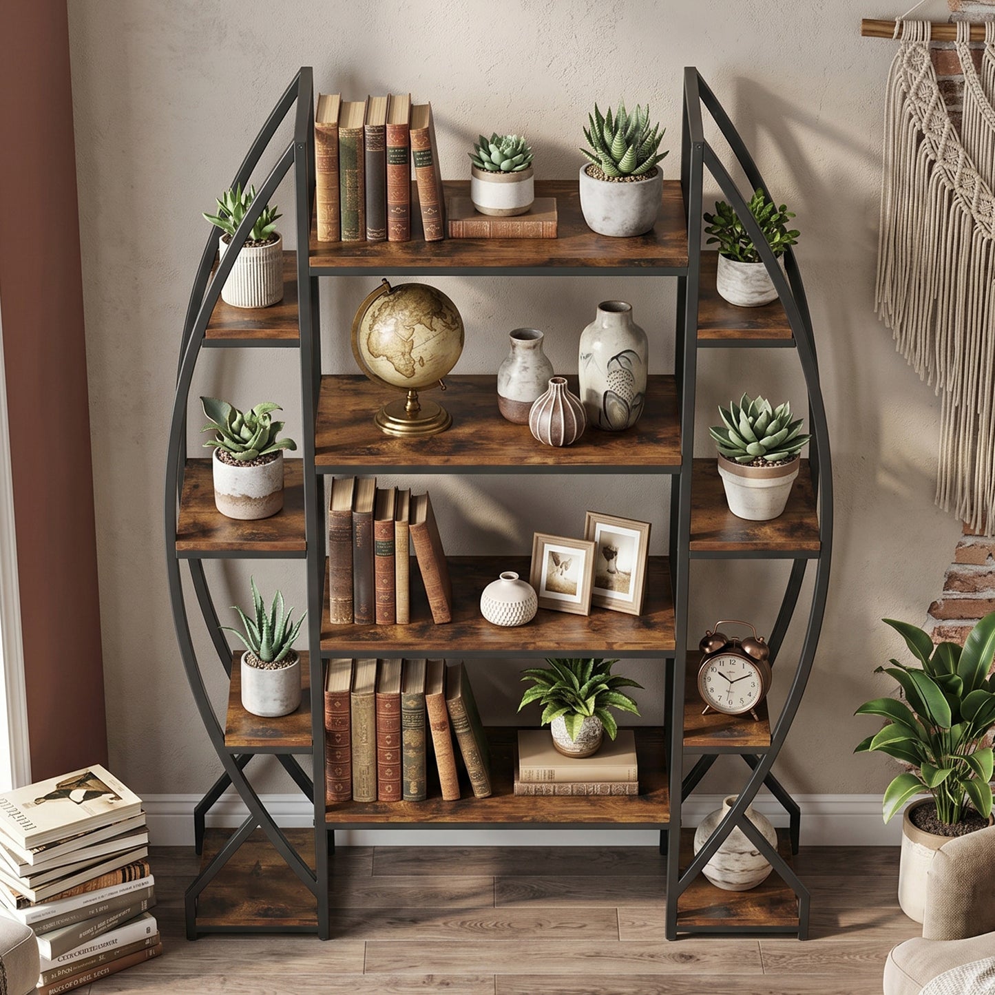 Industrial Oval Bookshelf - Vintage Metal & Wood Bookcase