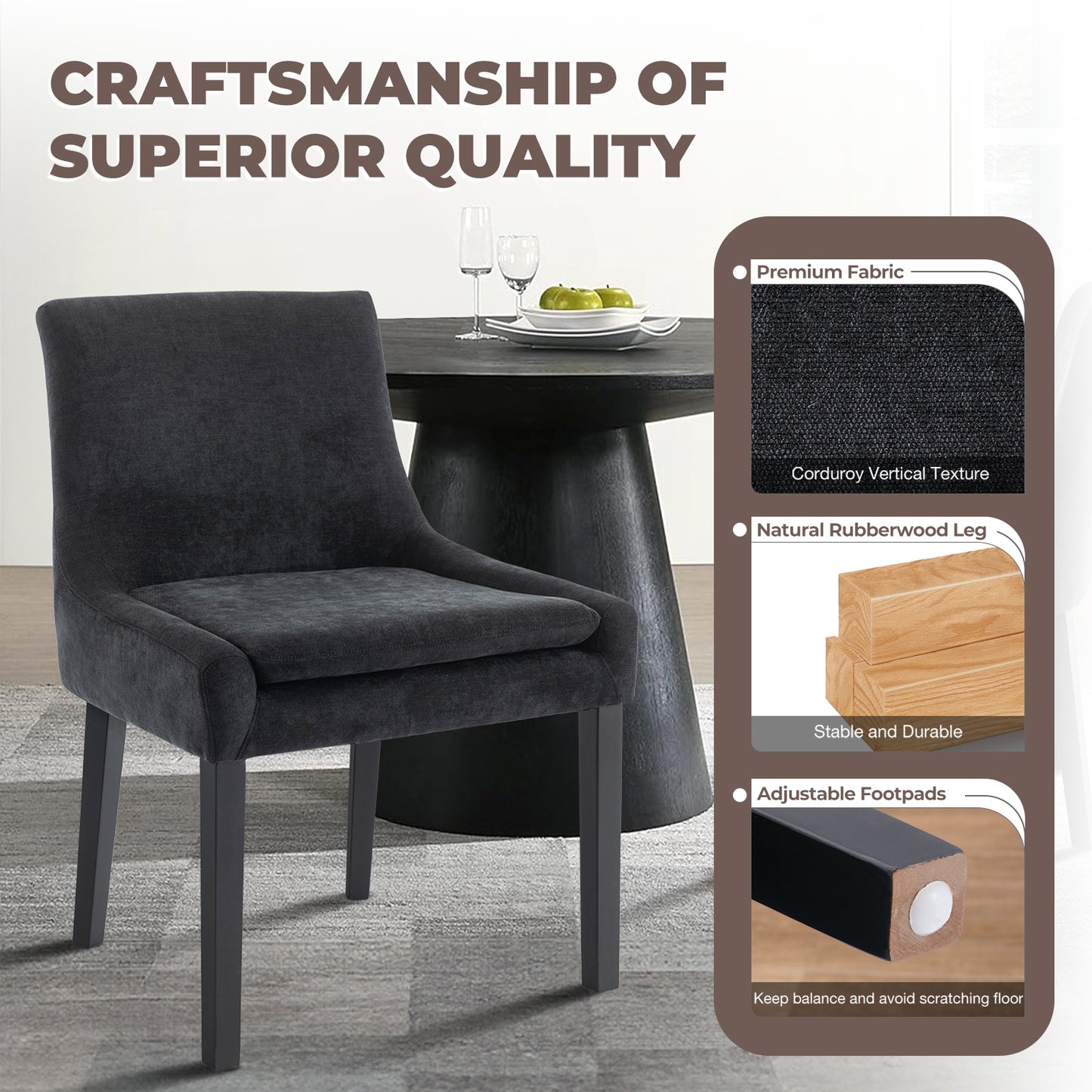 Upholstered Dining Chairs Set of 2 - Mid Back, Wood Legs