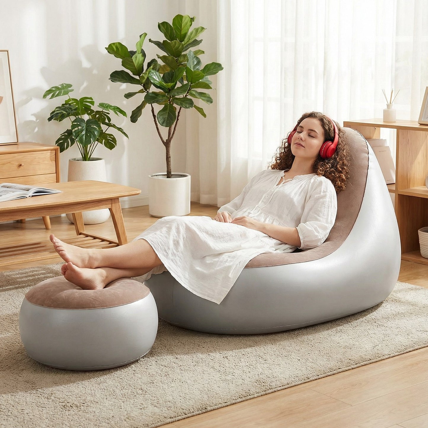 Inflatable Chair With Ottoman Flocked Water Proof Comfortable Blow Up