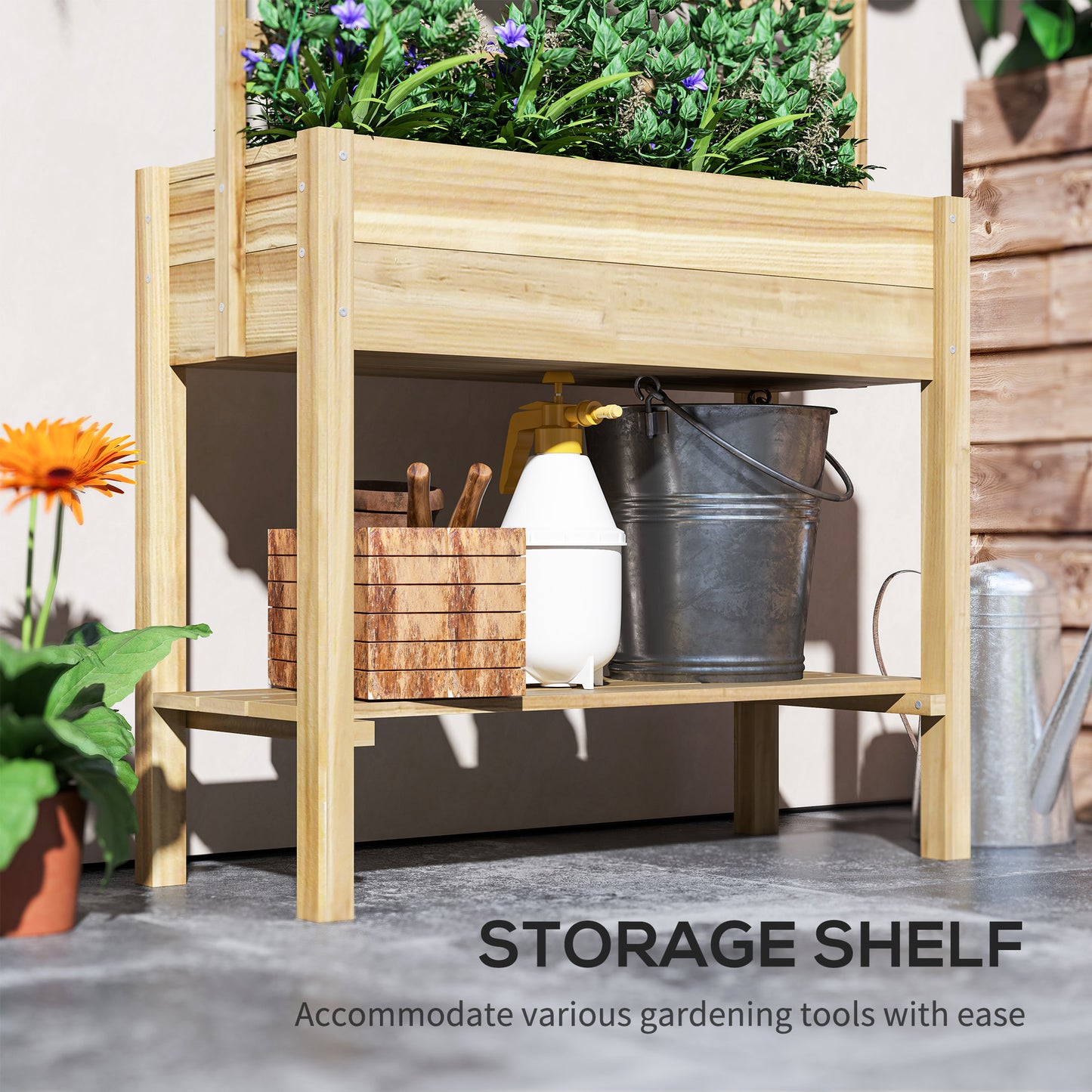 Wooden Raised Garden Bed with Trellis and Storage Shelf - Outdoor Planter Box