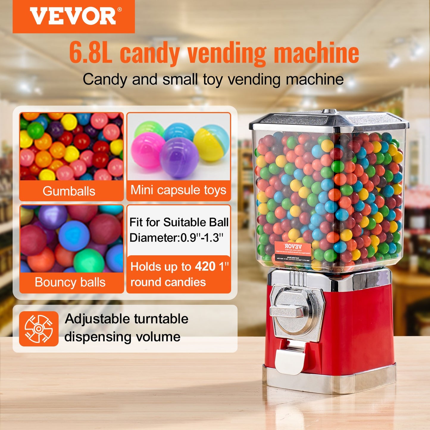 Gumball Machine Candy Dispenser - 6.8L Capacity, Red