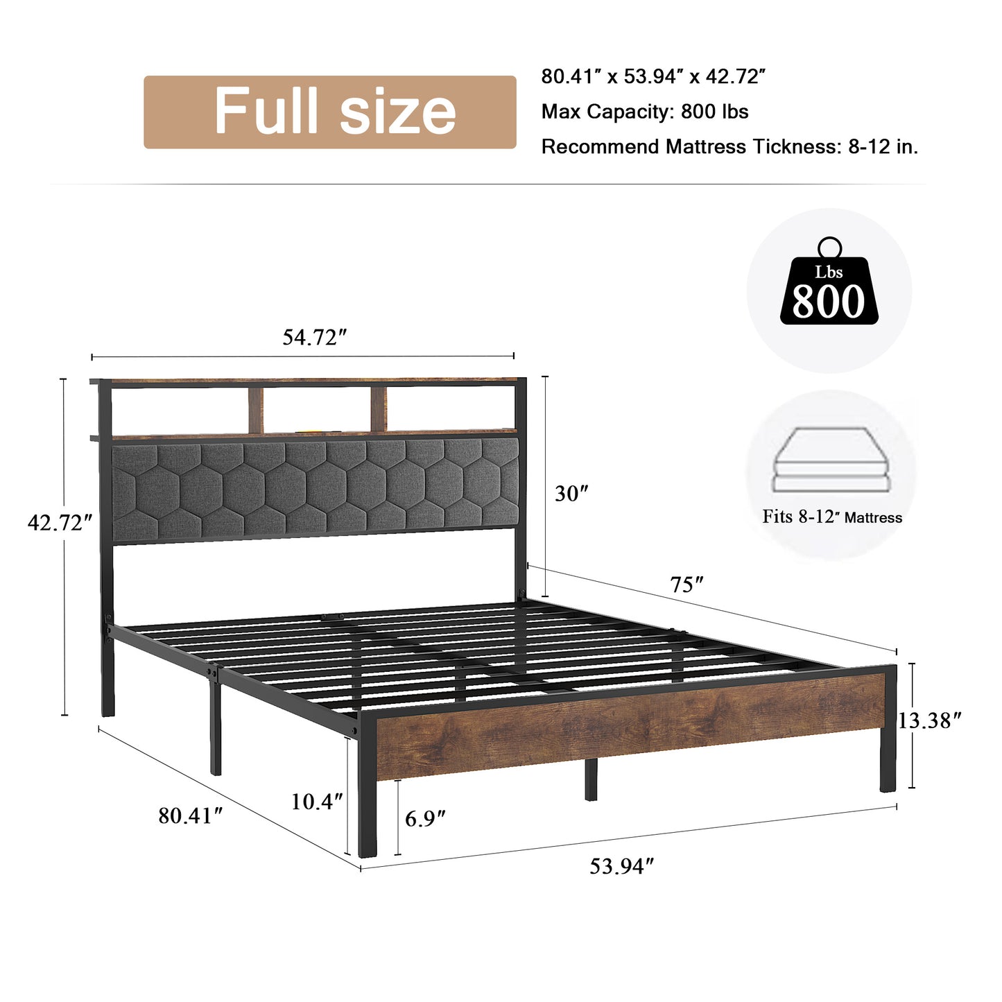 Full Wood Platform Bed Frame with Upholstered Headboard, USB Ports & Underbed Storage