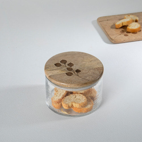 Leafy Twig Glass Jar with Wooden Lid - 700 ml Storage Container