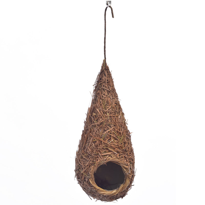 Small Bird Nest for Cage, Handwoven Straw Birdhouse with Metal Hook - Outdoor Bird Supplies