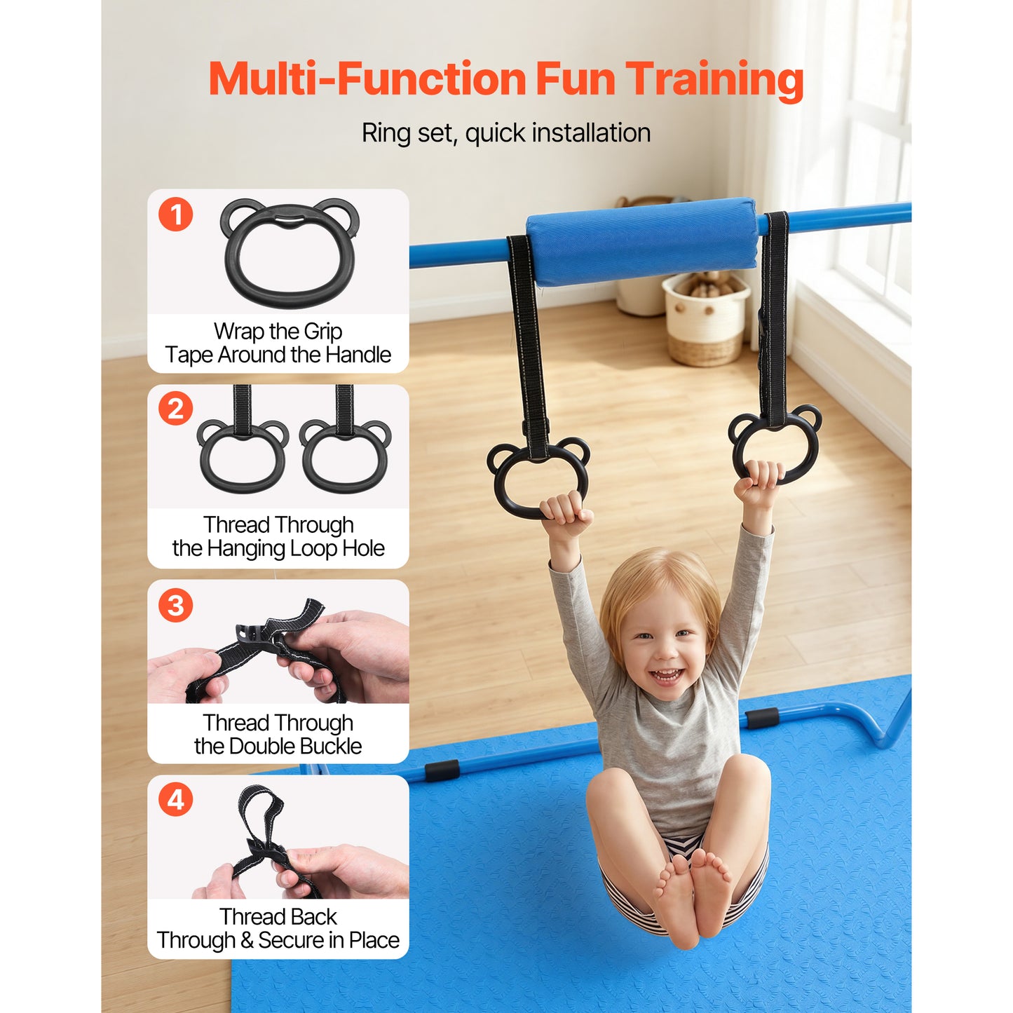 Kids Gymnastic Bars - Adjustable Height Folding Training Kip Bar with Mat, Blue