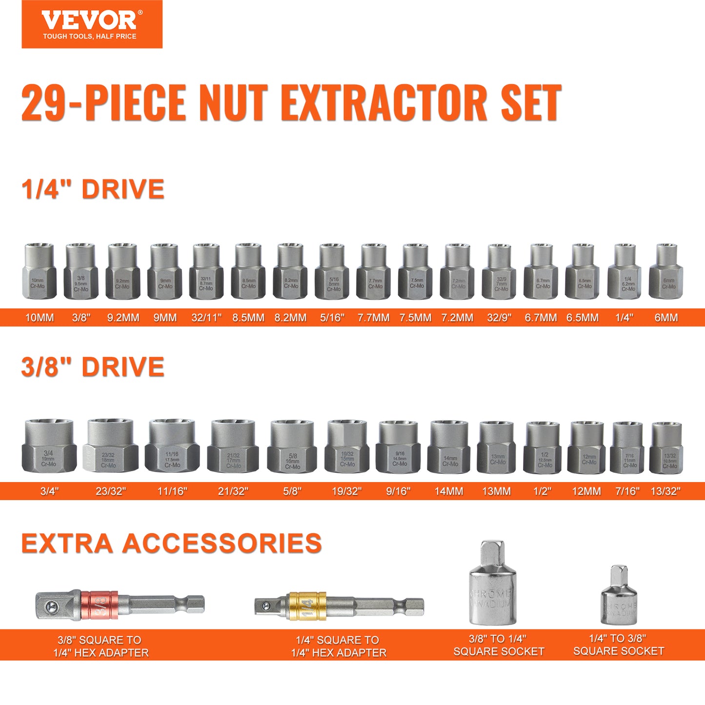 29-Piece Bolt Extractor Set for Damaged Rusted Bolts and Nuts - Steel Socket Wrench Kit