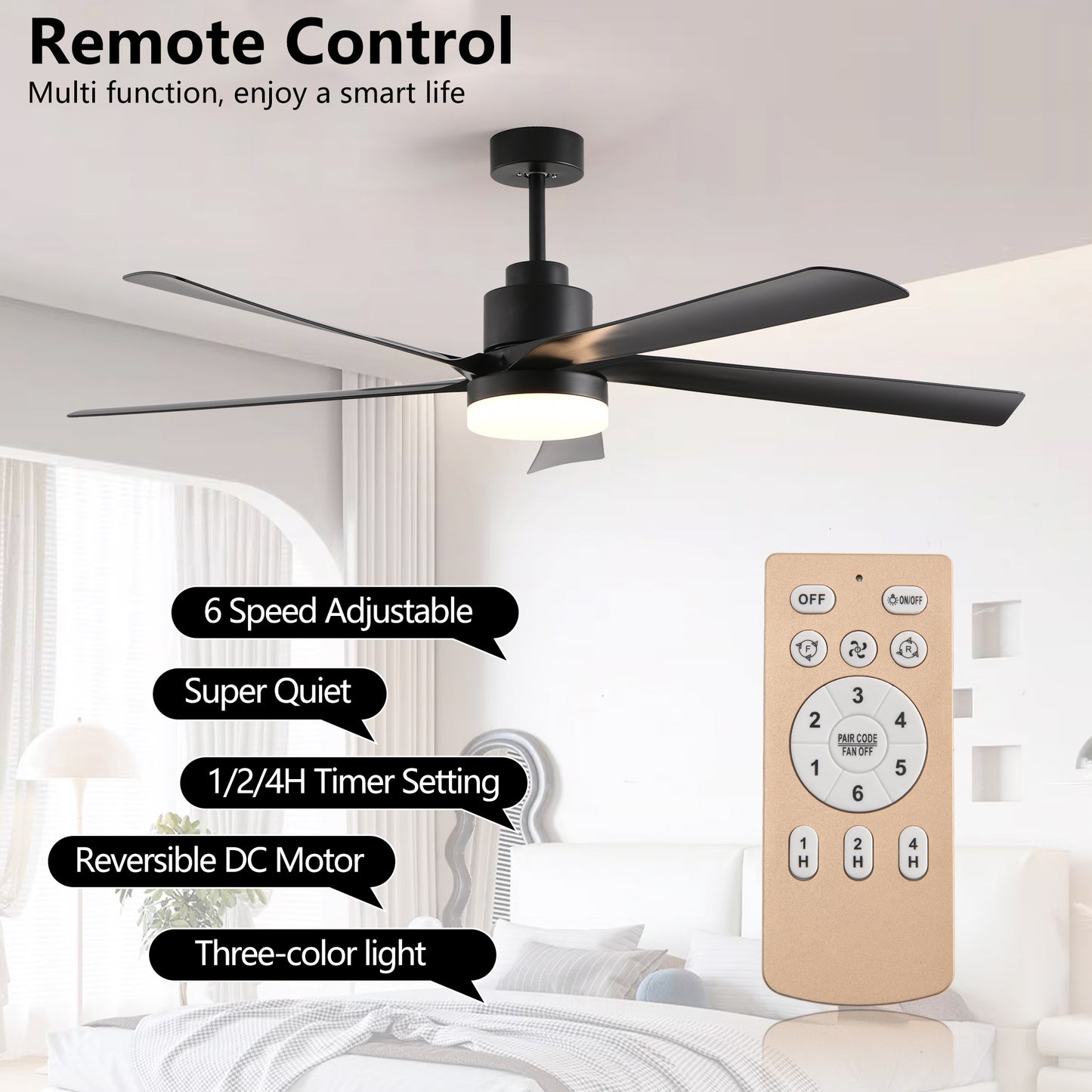 65 Inch Black Ceiling Fan with Dimmable LED Light & Remote Control