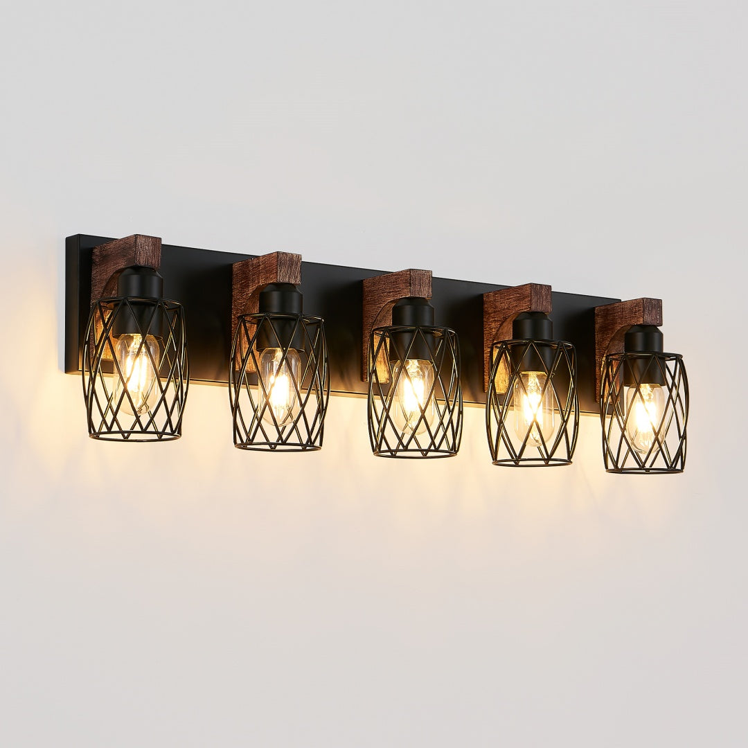 Vintage Industrial 5-Light Wall Sconce - Black Metal Cage & Wood