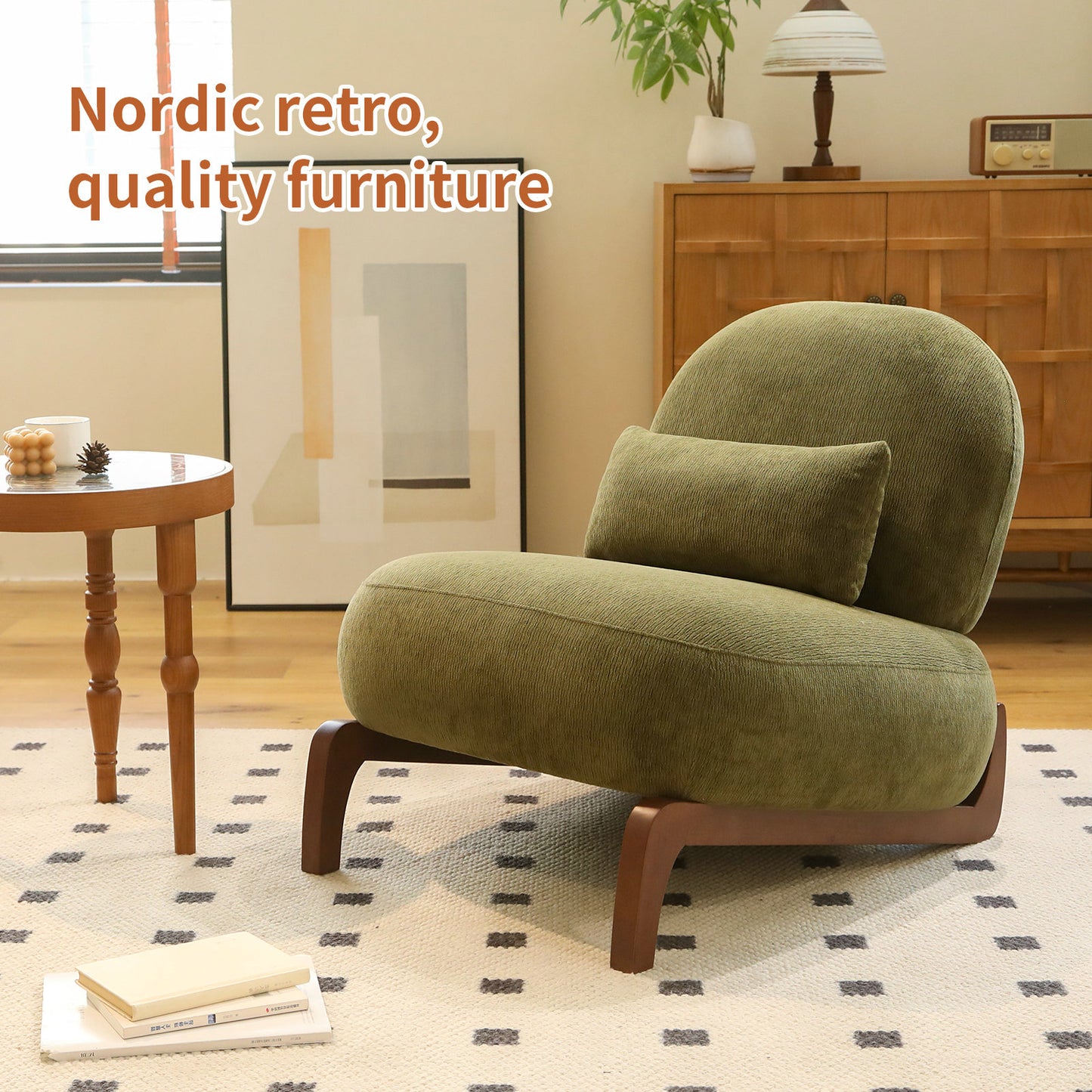Green Velvet Accent Chair with Solid Wood Legs - Cozy Design