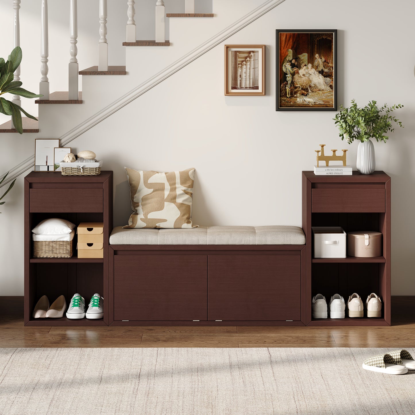 Storage Bench with Cushion - Entryway Organizer with Drawers & Open Shelves - Espresso
