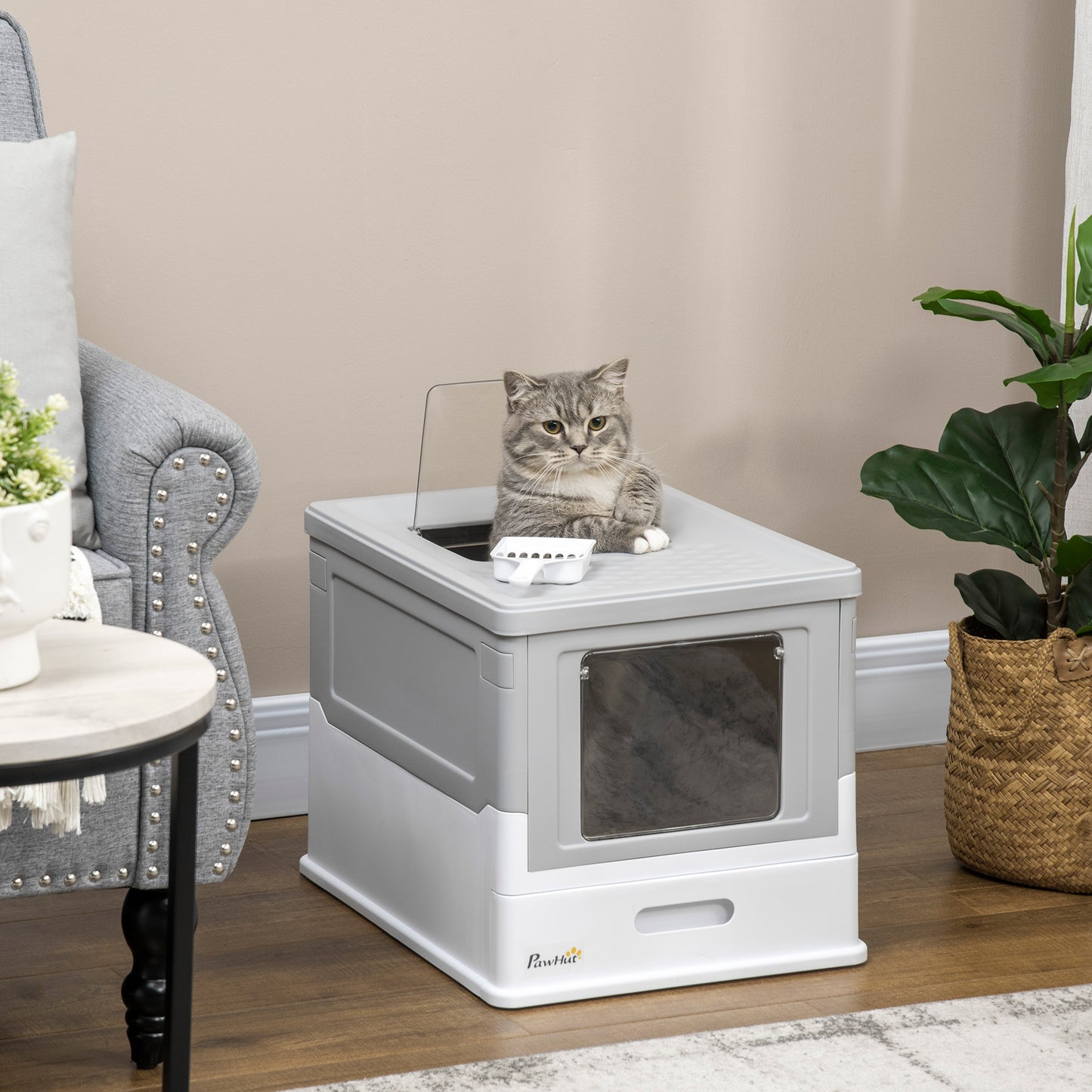Enclosed Cat Litter Box with Front Entry and Roof Exit - Gray & White, 410x205x525 mm