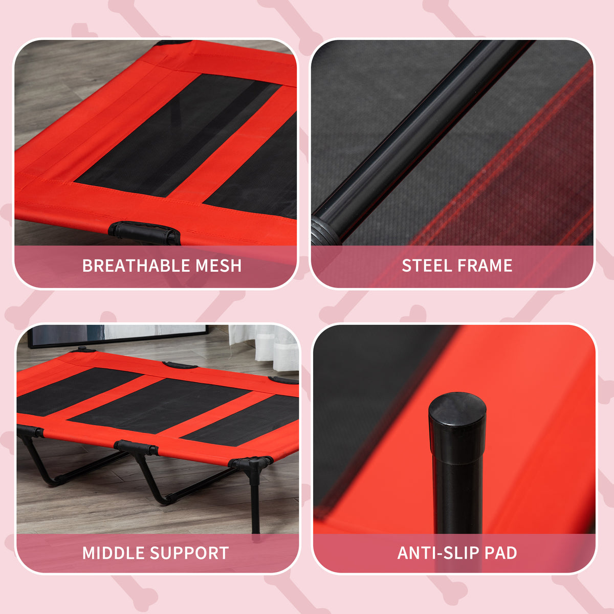 Elevated Outdoor Dog Bed with Metal Frame and Breathable Mesh - Red, 930x250x80mm