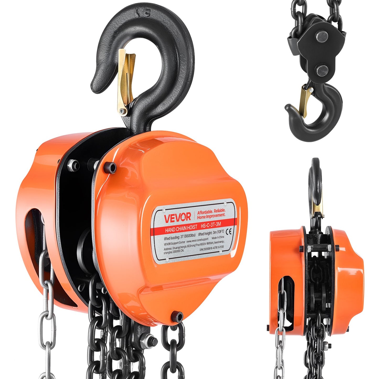 Heavy Duty Hand Chain Hoist 6600 Lb Capacity 10 Ft Manual Chain Block Orange