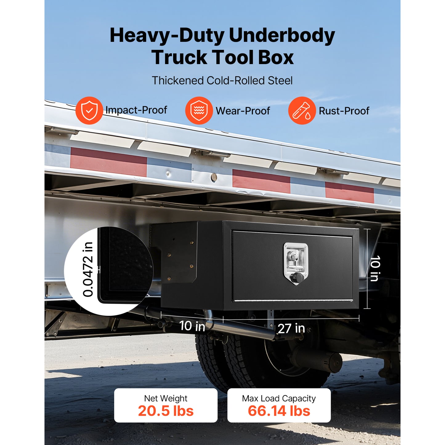 Heavy Duty Steel Trailer Underbody Toolbox 27x10x10 Inch Waterproof Lockable Storage
