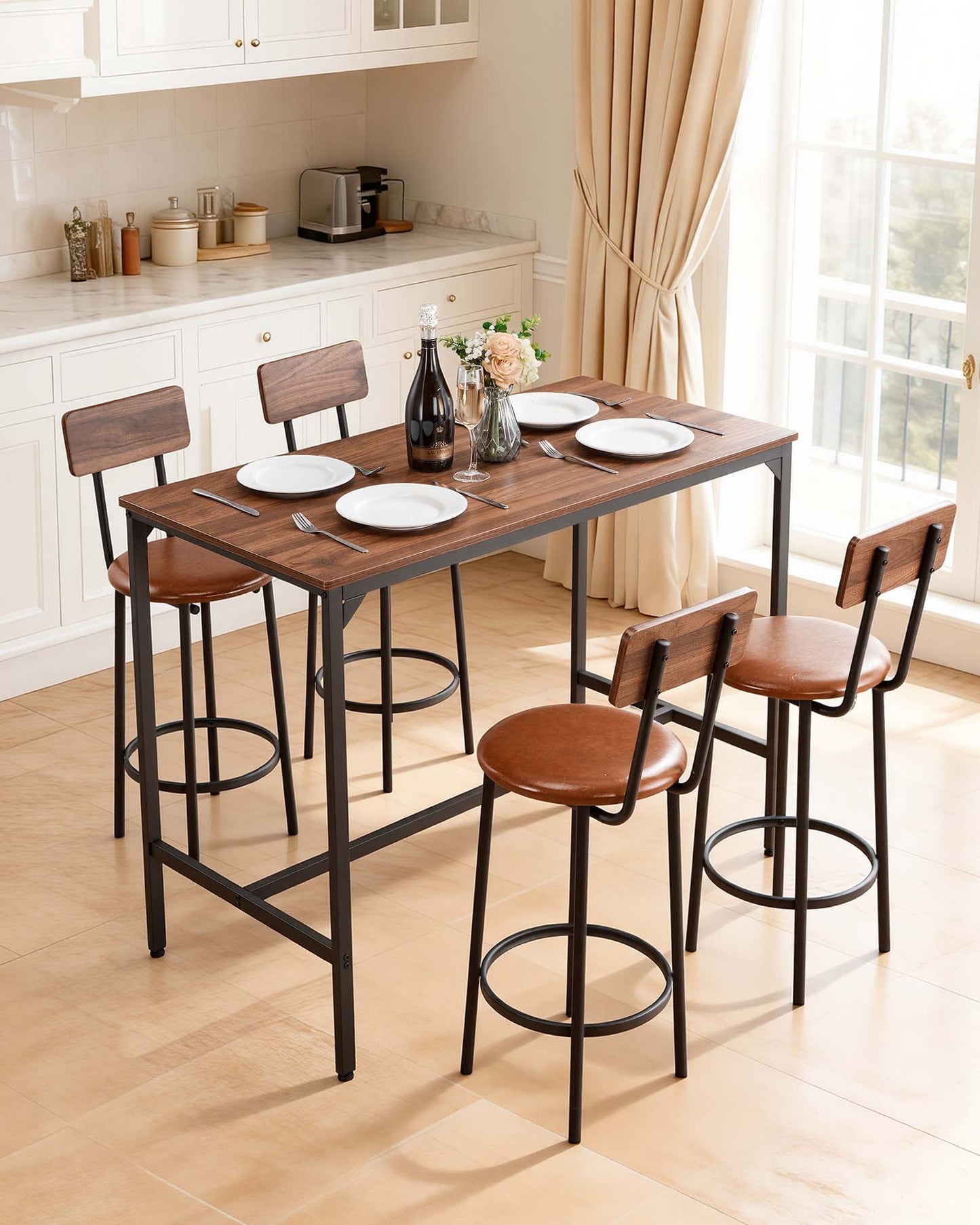 5-Piece Bar Table and Chair Set with Rounded Edge Design - Walnut & Black Finish
