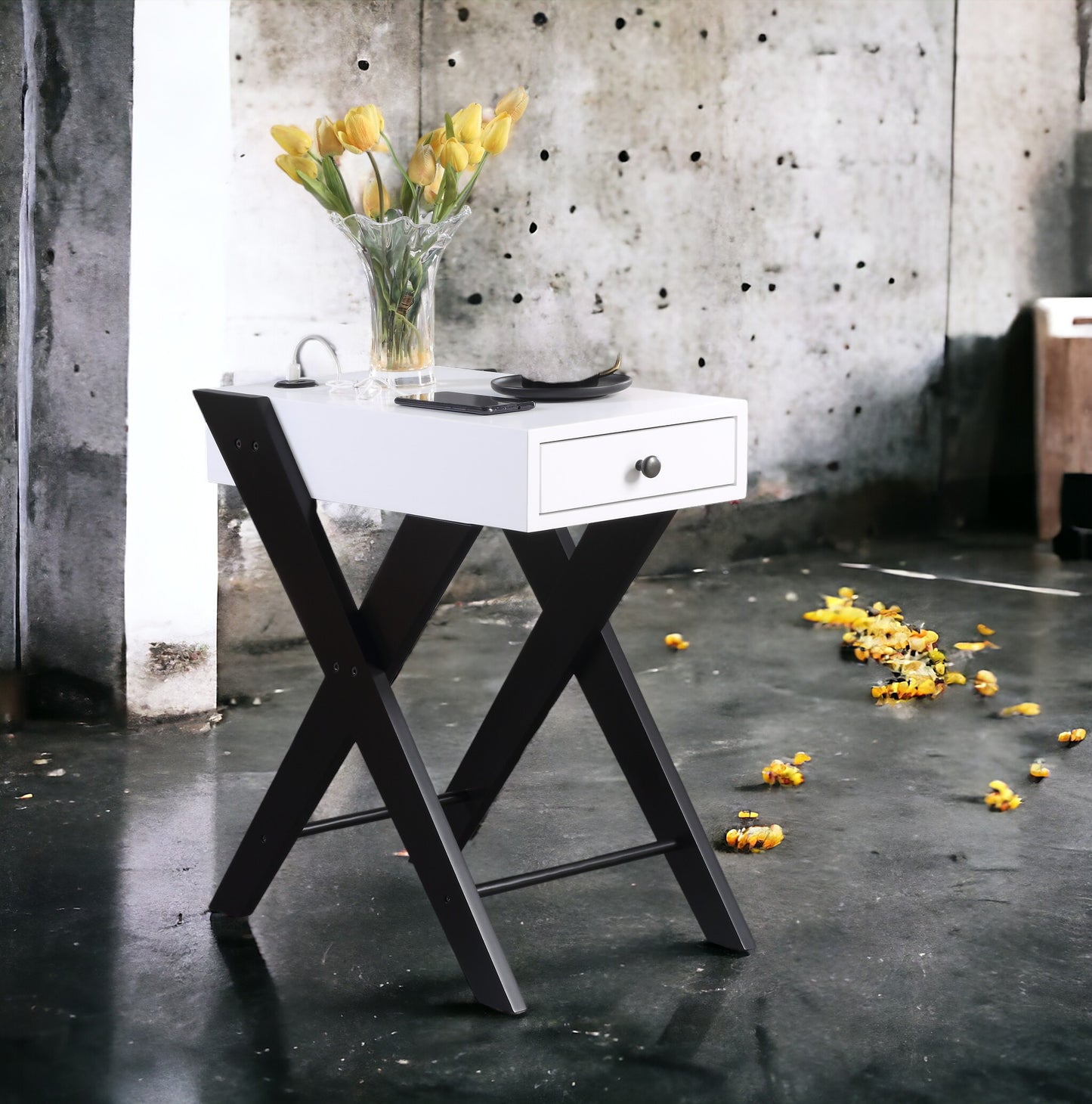 Fierce White and Black Accent Table with USB Port