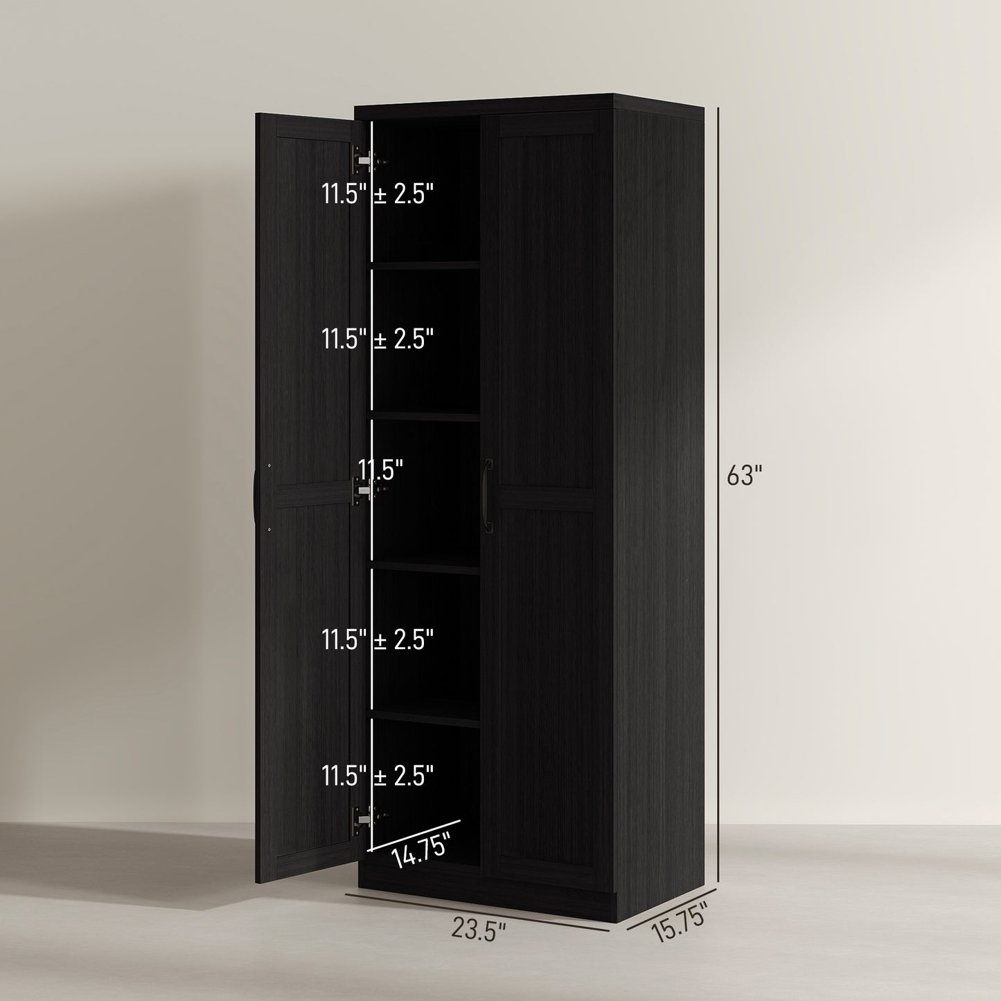 63" Freestanding Kitchen Pantry Cabinet with Adjustable Shelves - Black Wood Grain