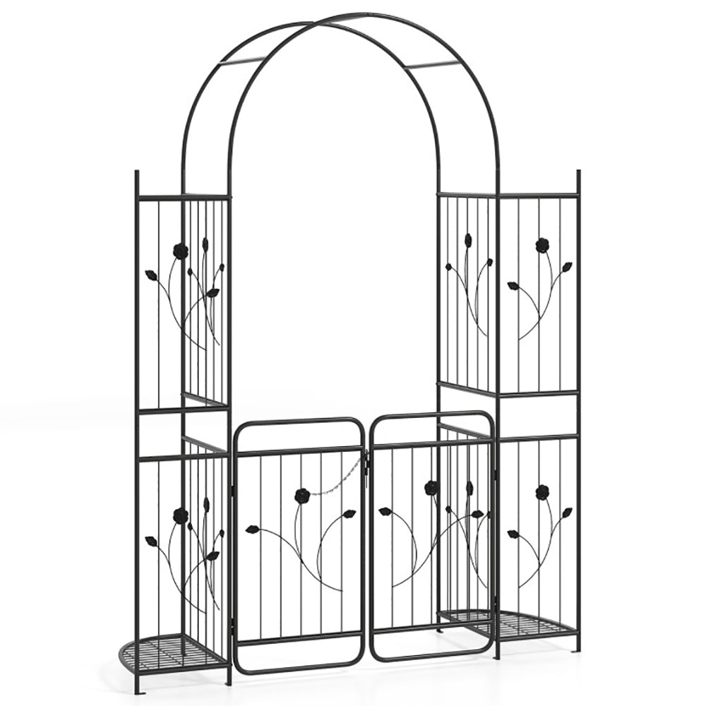 87 Inch Tall Garden Arch with Gate & Planter Shelves - Black