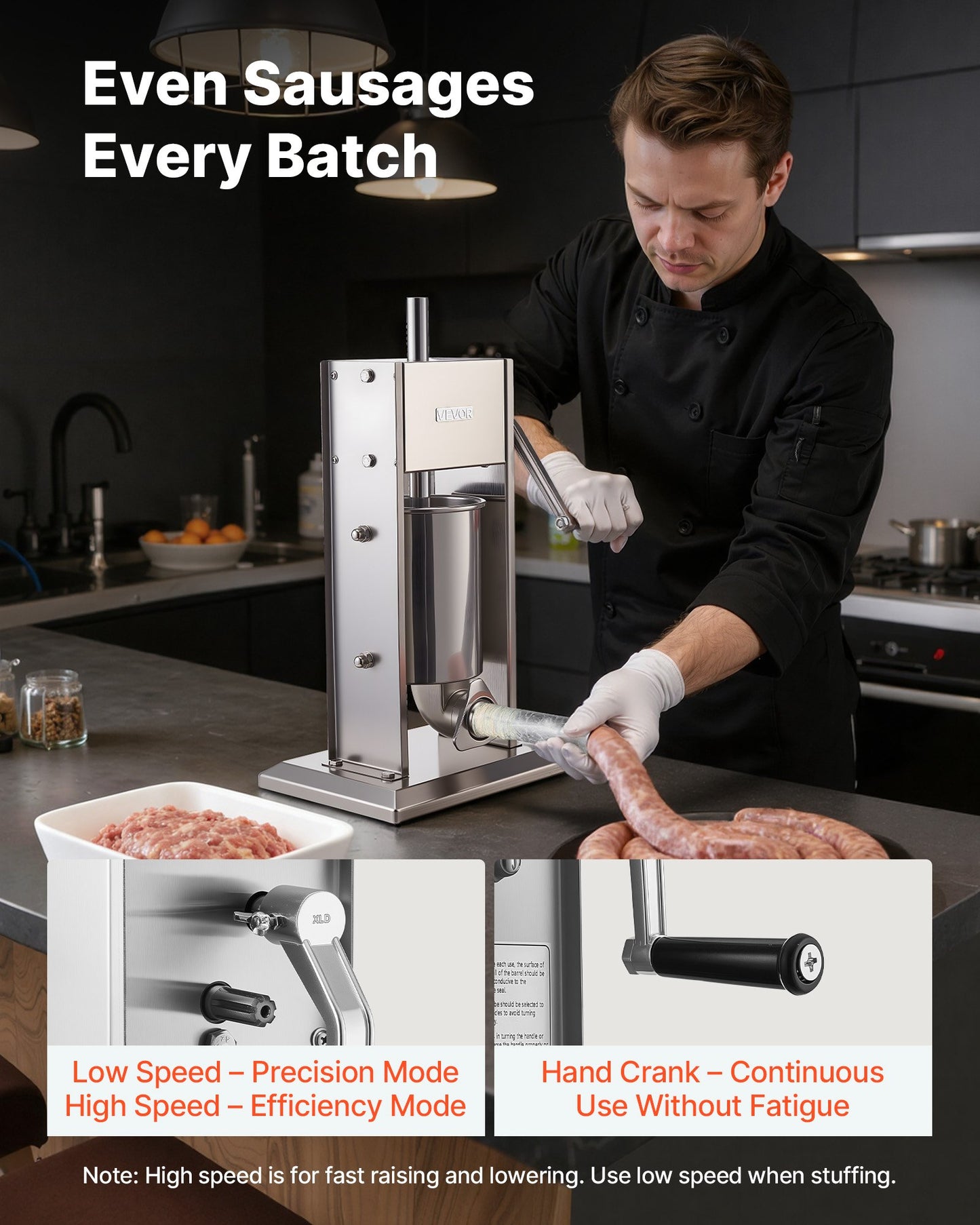 Manual Sausage Stuffer 7 Lb Vertical Meat Filler with 5 Tubes - Heavy Duty Stainless Steel