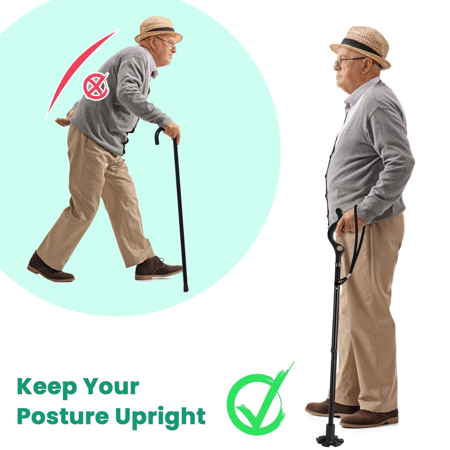 Collapsible Heavy Duty Walking Cane with 10 Adjustable Heights - Black