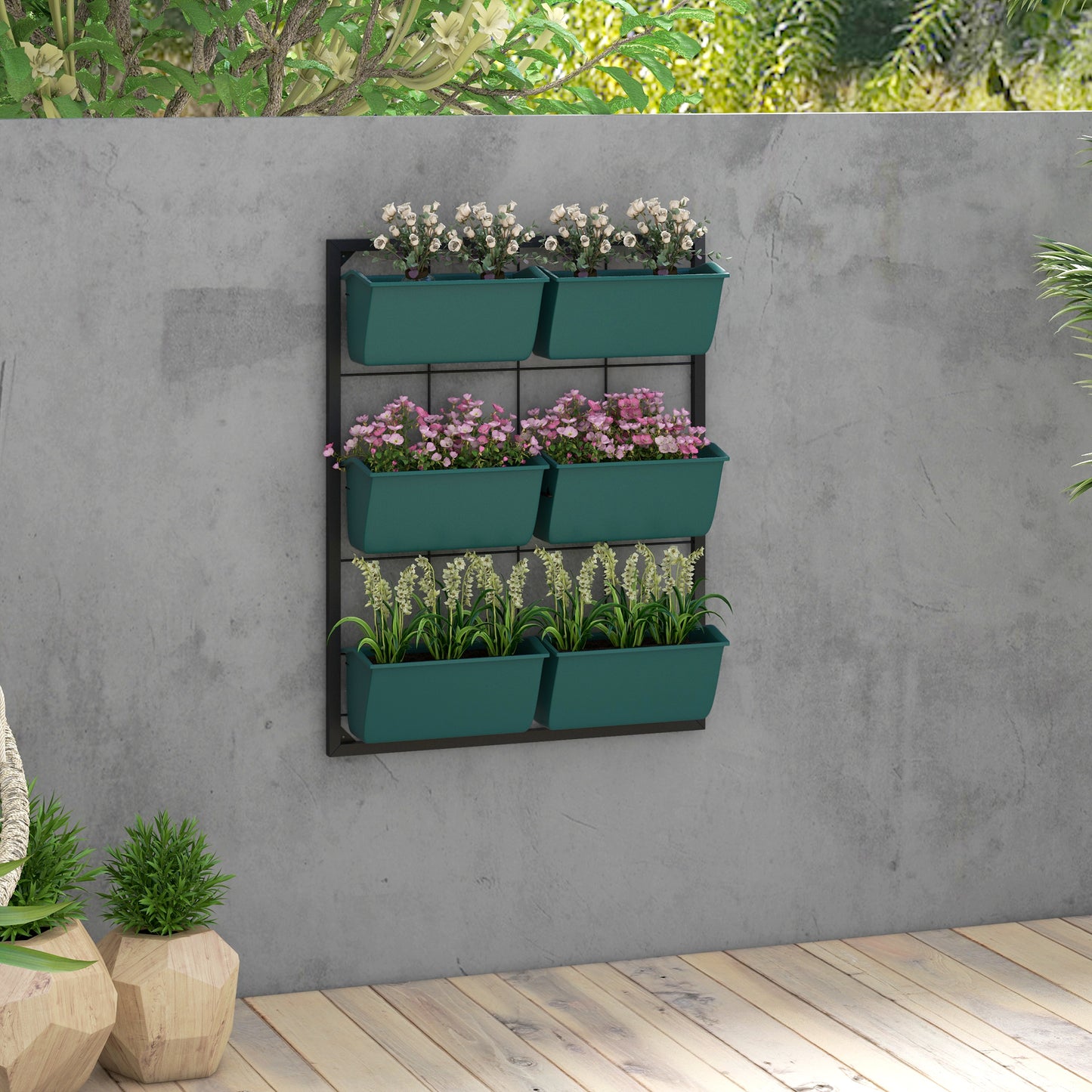 3-Tier Wall-Mounted Plant Holder with 6 Pots for Indoor Outdoor Gardening