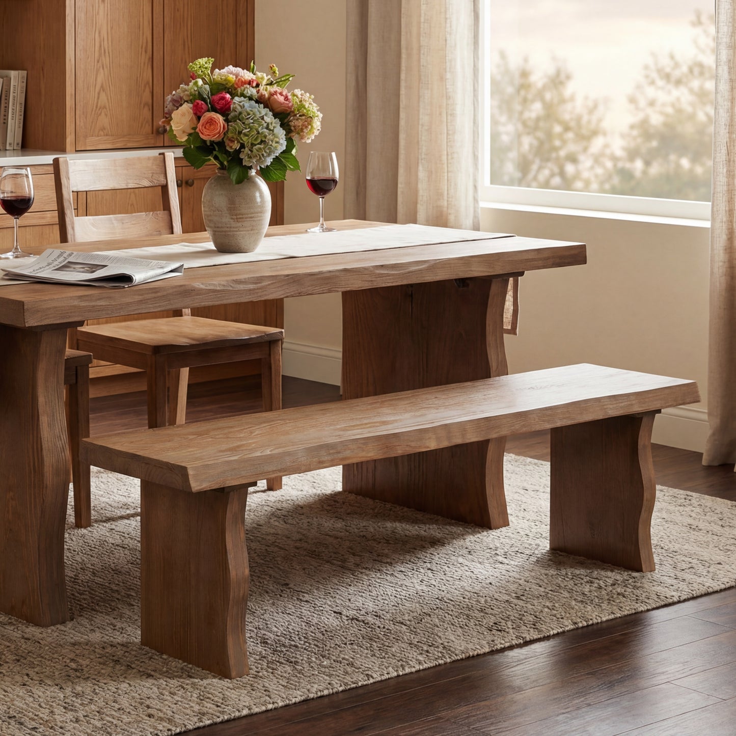 Solid Wood Indoor Dining Bench - 62.9"L, 350lbs Capacity