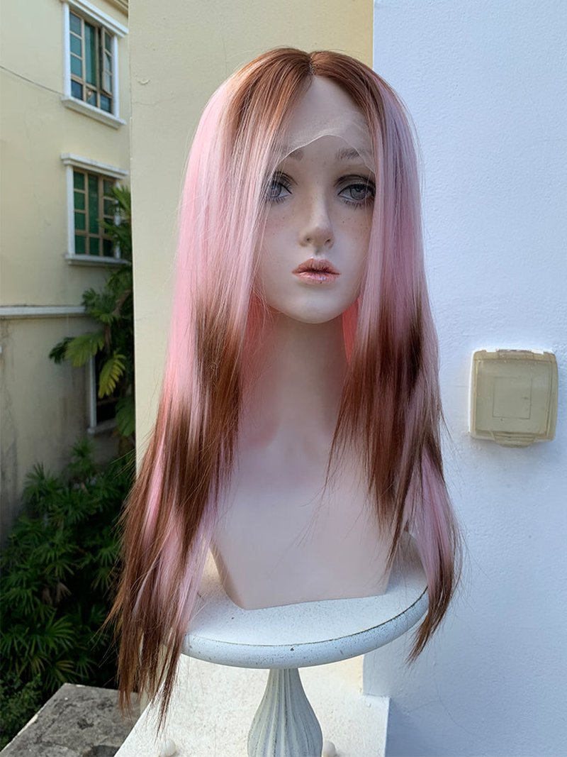 Pink Gradient Brown Split Wig for Women - High Temp Silk Synthetic Hair