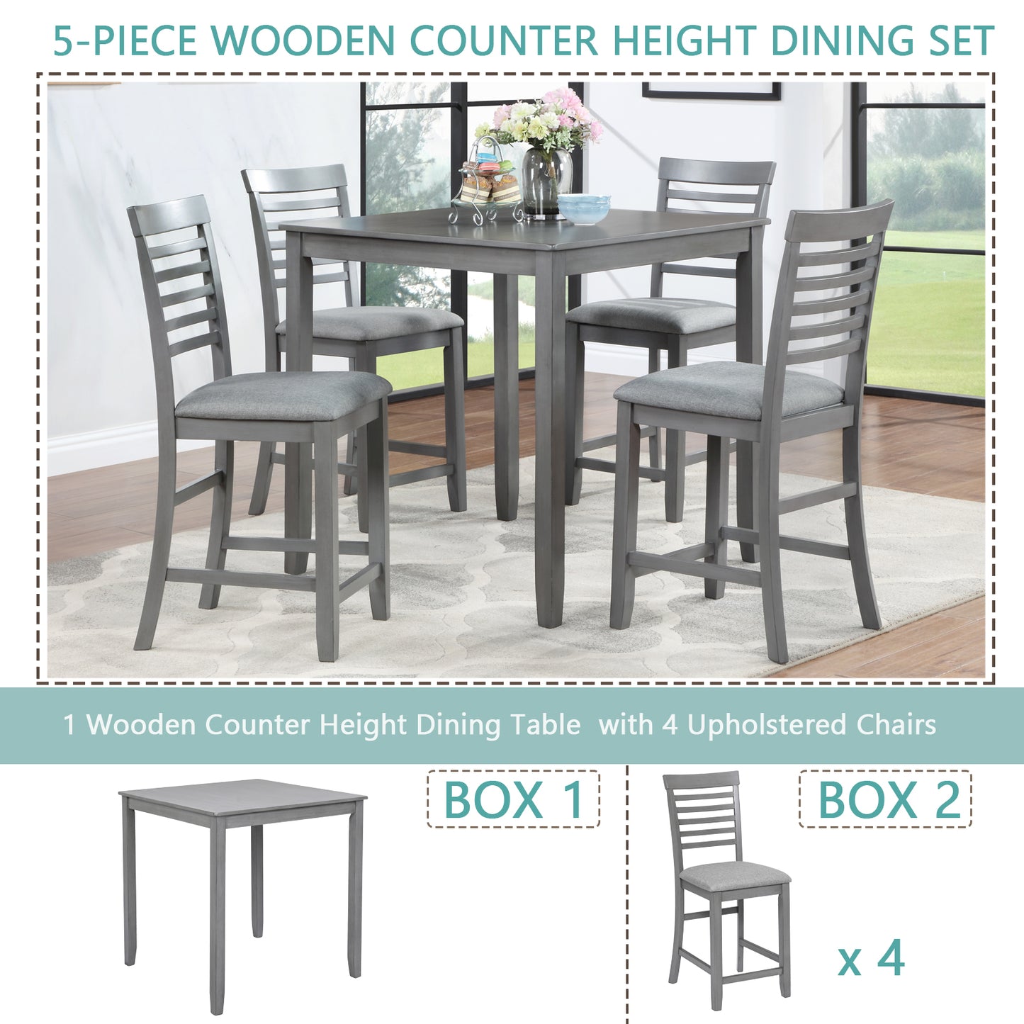 5-Piece Counter Height Dining Table Set with 4 Chairs - Gray