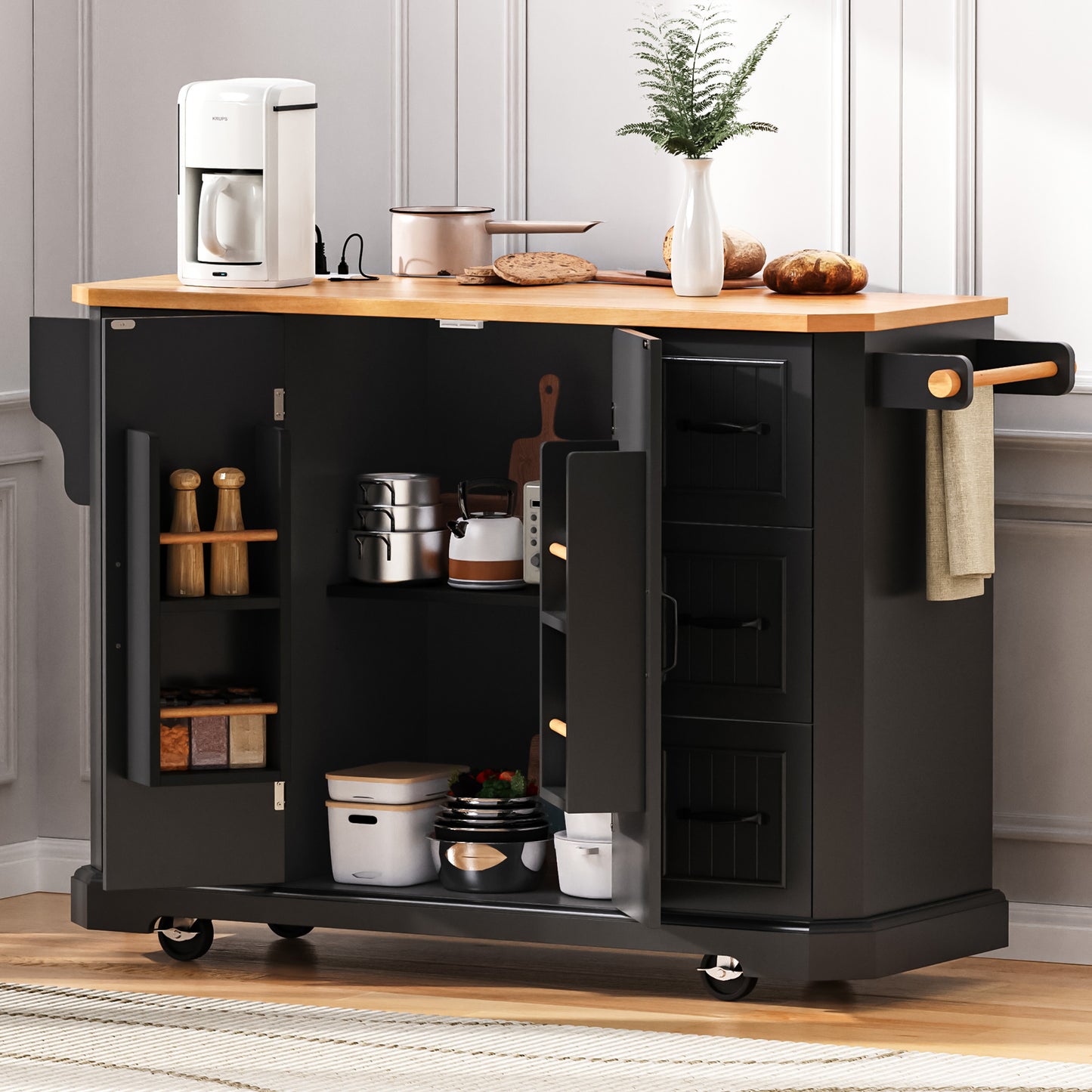 K&K 56 Inch Kitchen Island With Rubber Wood Veneer Drop Leaf, Power