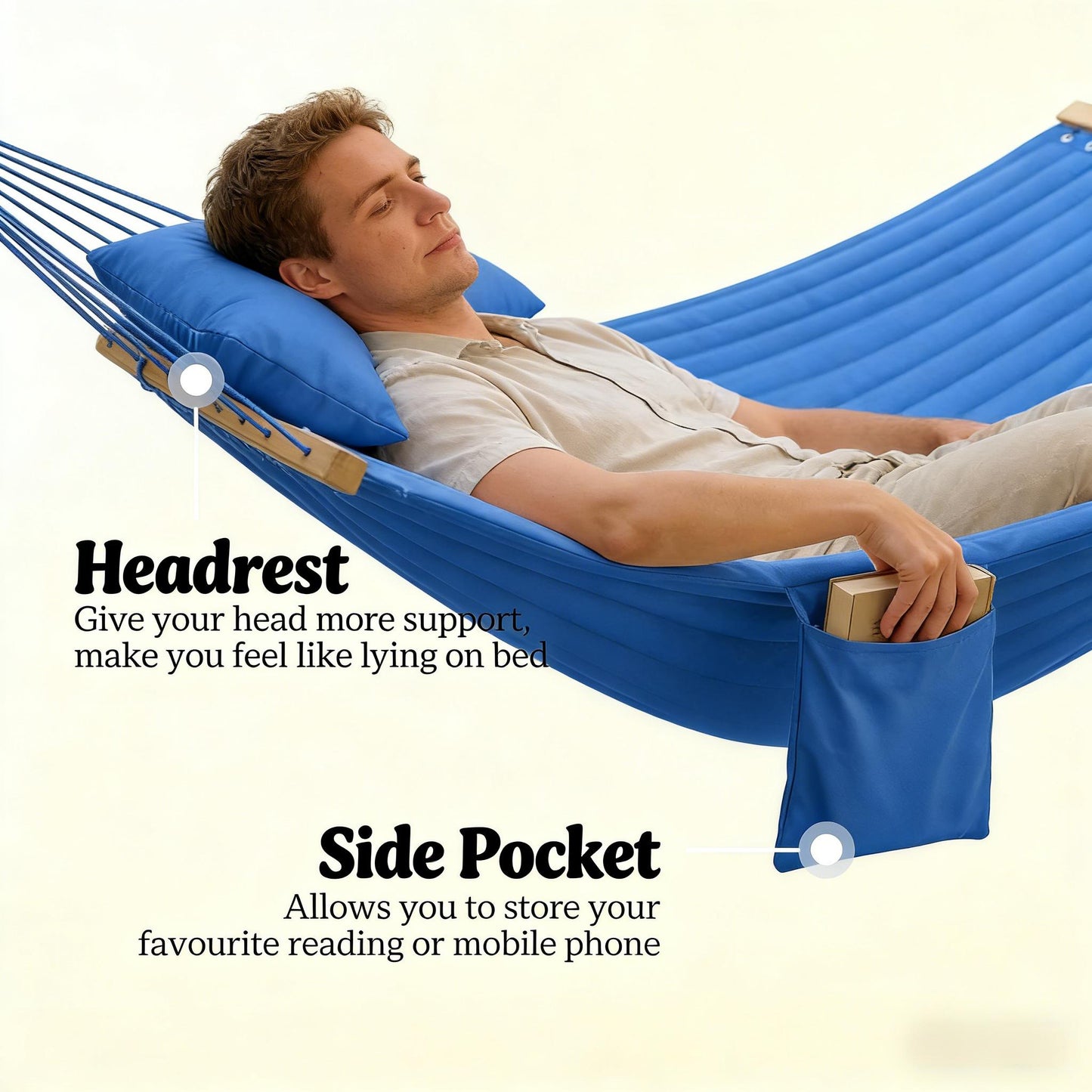 Double Outdoor Hammock for 2 - Quilted with Natural Wood & Navy Blue
