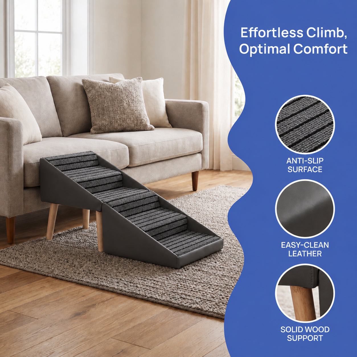 Foldable Dog Steps for Bed and Couch - 4-Step Pet Ramp for Small Dogs, Grey