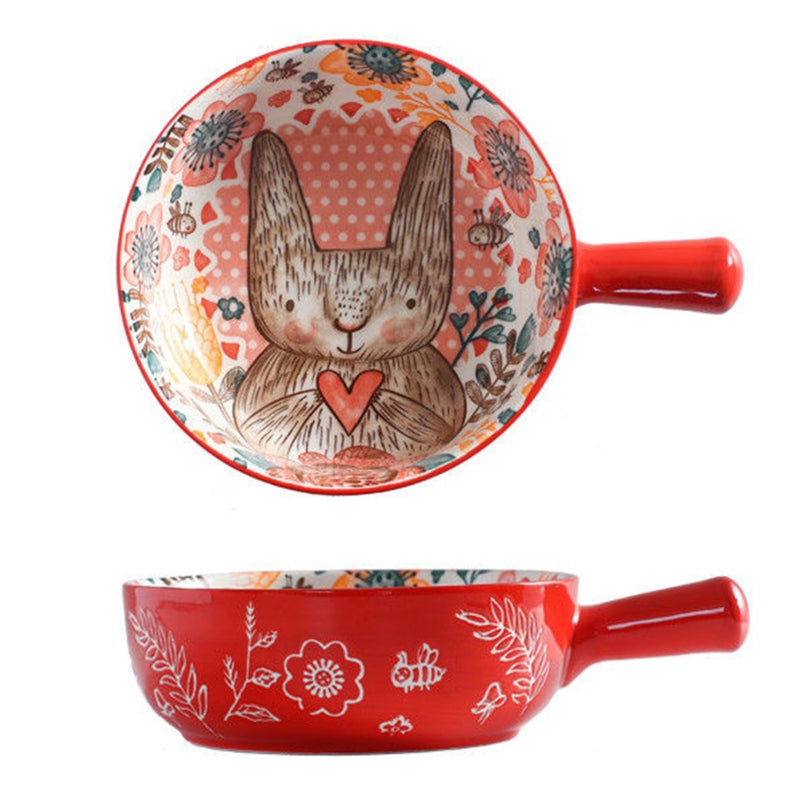 Ceramic Salad Bowl with Handle - Animal Illustration, 16-17cm, Dishwasher Safe