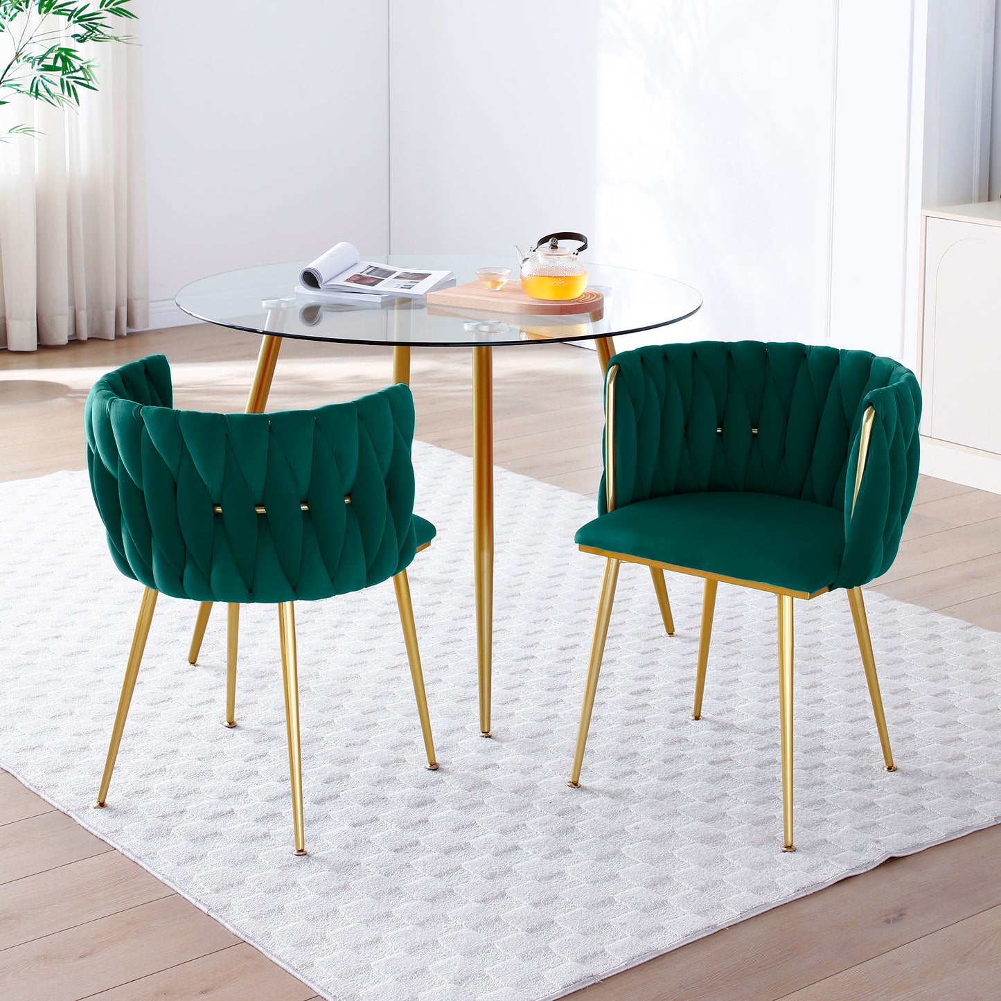 Green Velvet Dining Chairs Set of 2 with Gold Metal Legs