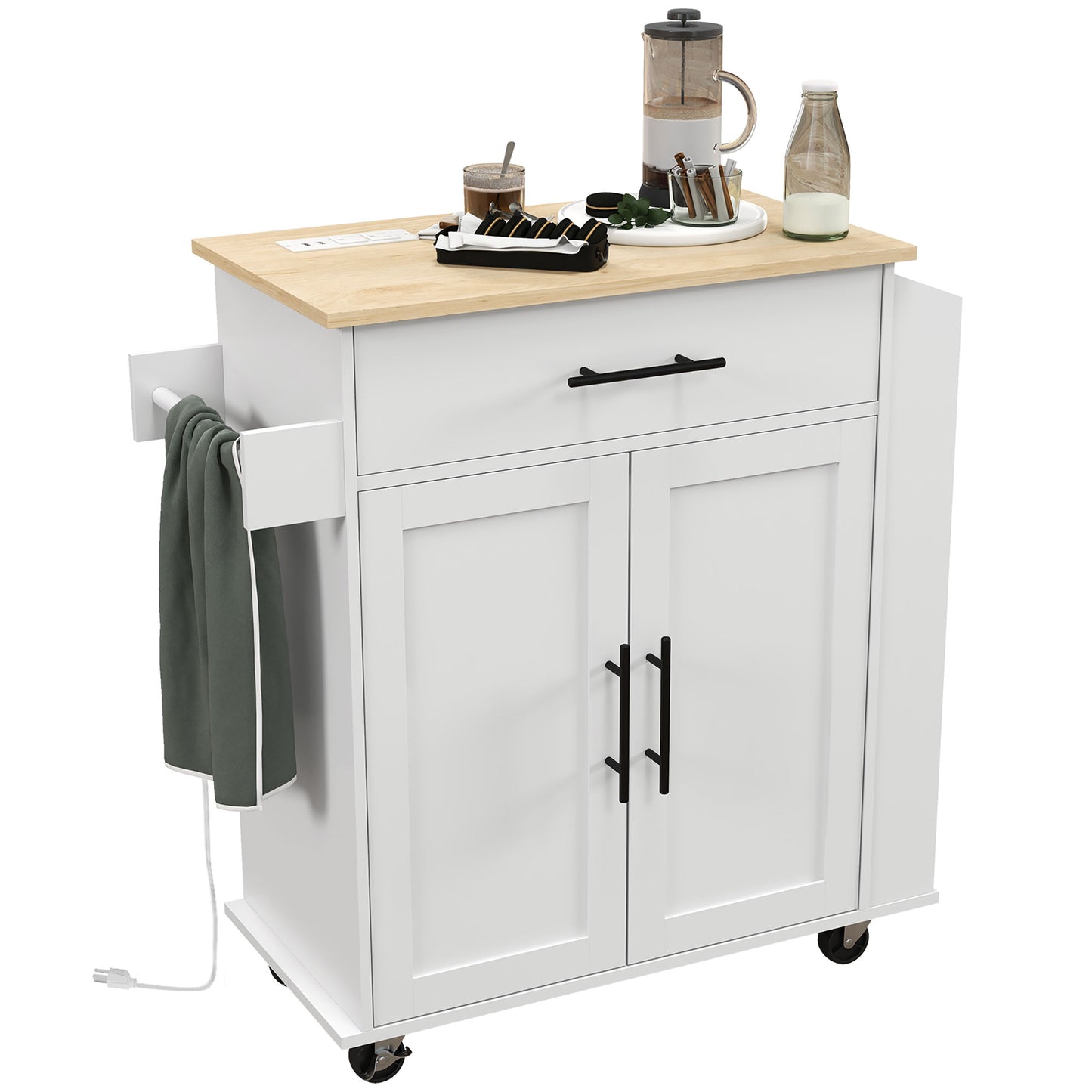Rolling Kitchen Island with Wheels, Power Outlets & Storage - White