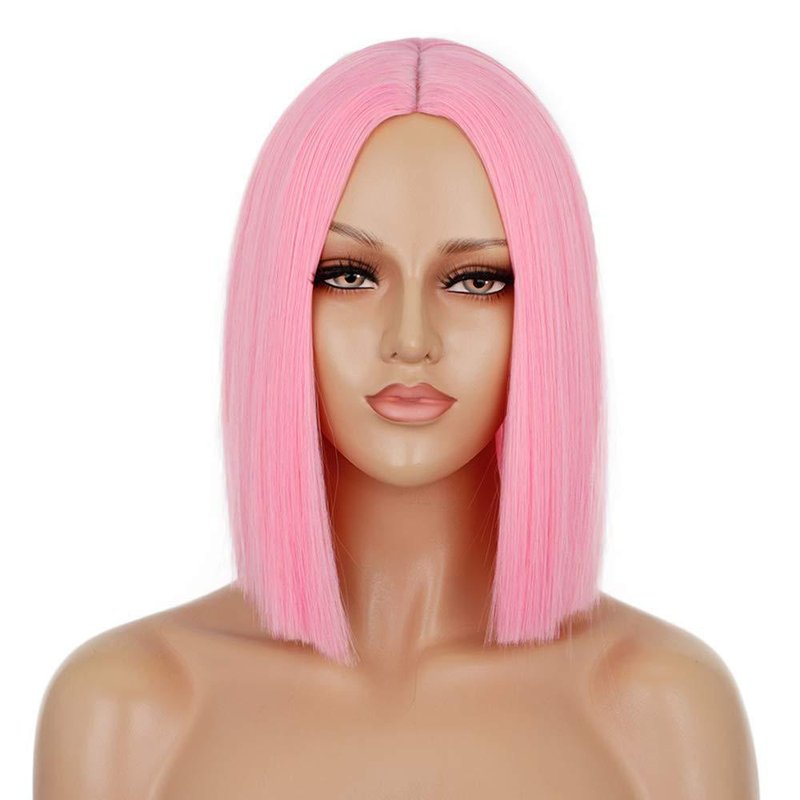 Women's Short Straight Hair Wigs with Bangs - Synthetic Fiber, Multiple Colors