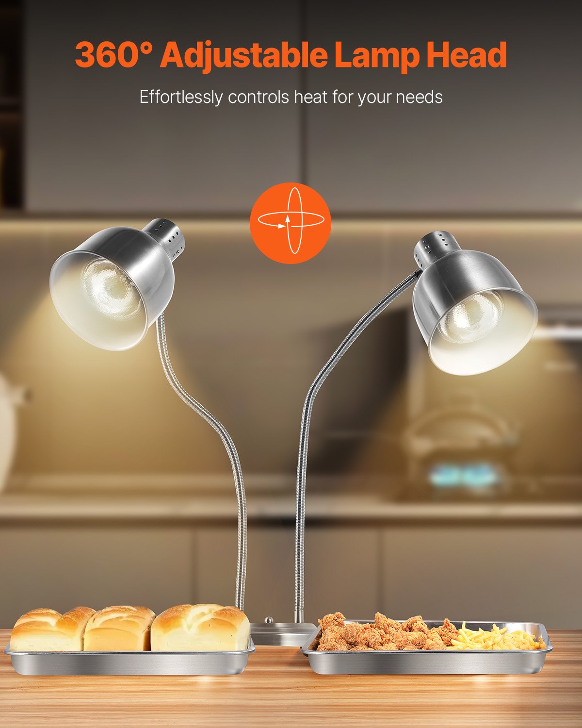 Commercial 2-Head Food Heat Lamp for Restaurant & Buffet - Silver