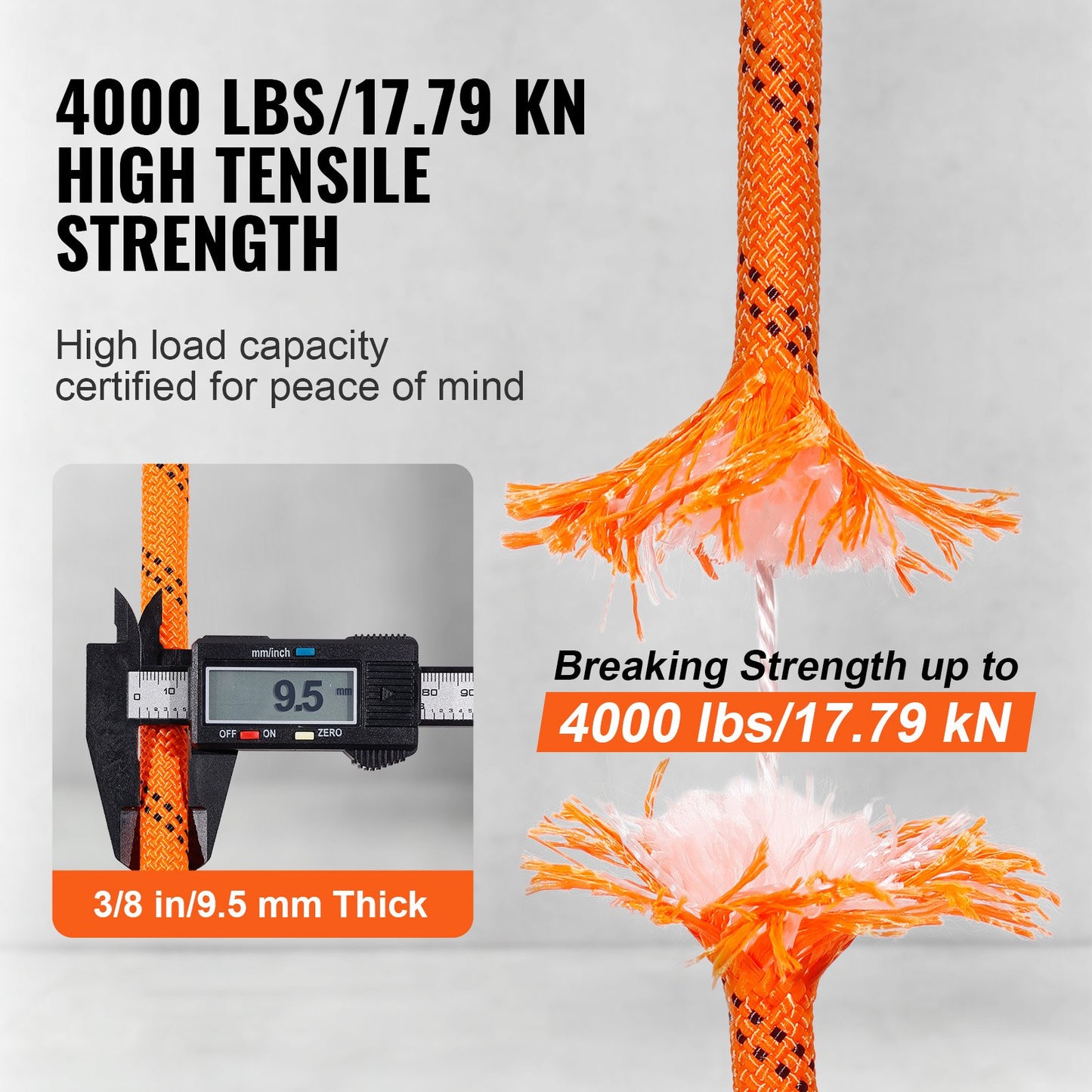 Outdoor Climbing Rope 3/8 Inch x 120 Ft Double Braided Polyester - High Strength, Orange/Black