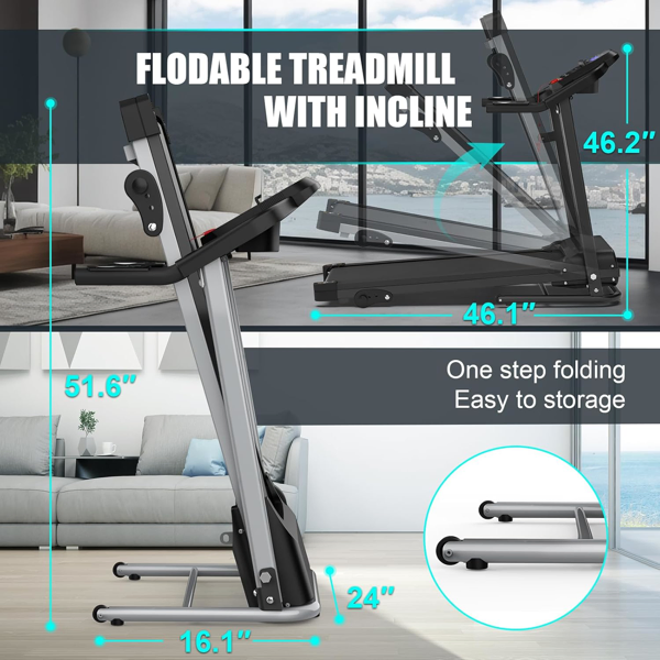 Compact Folding Treadmill for Home - 2.5HP Motor, 3-Level Incline