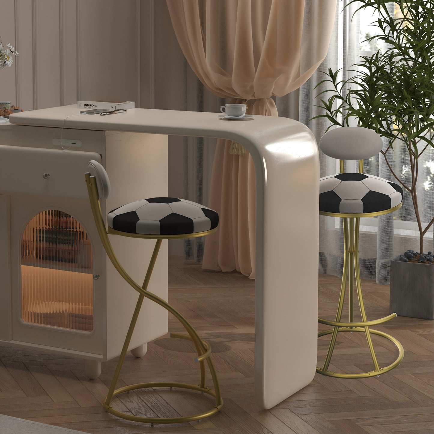 Football Print Bar Stools Set of 2 - Gold & Creamy White