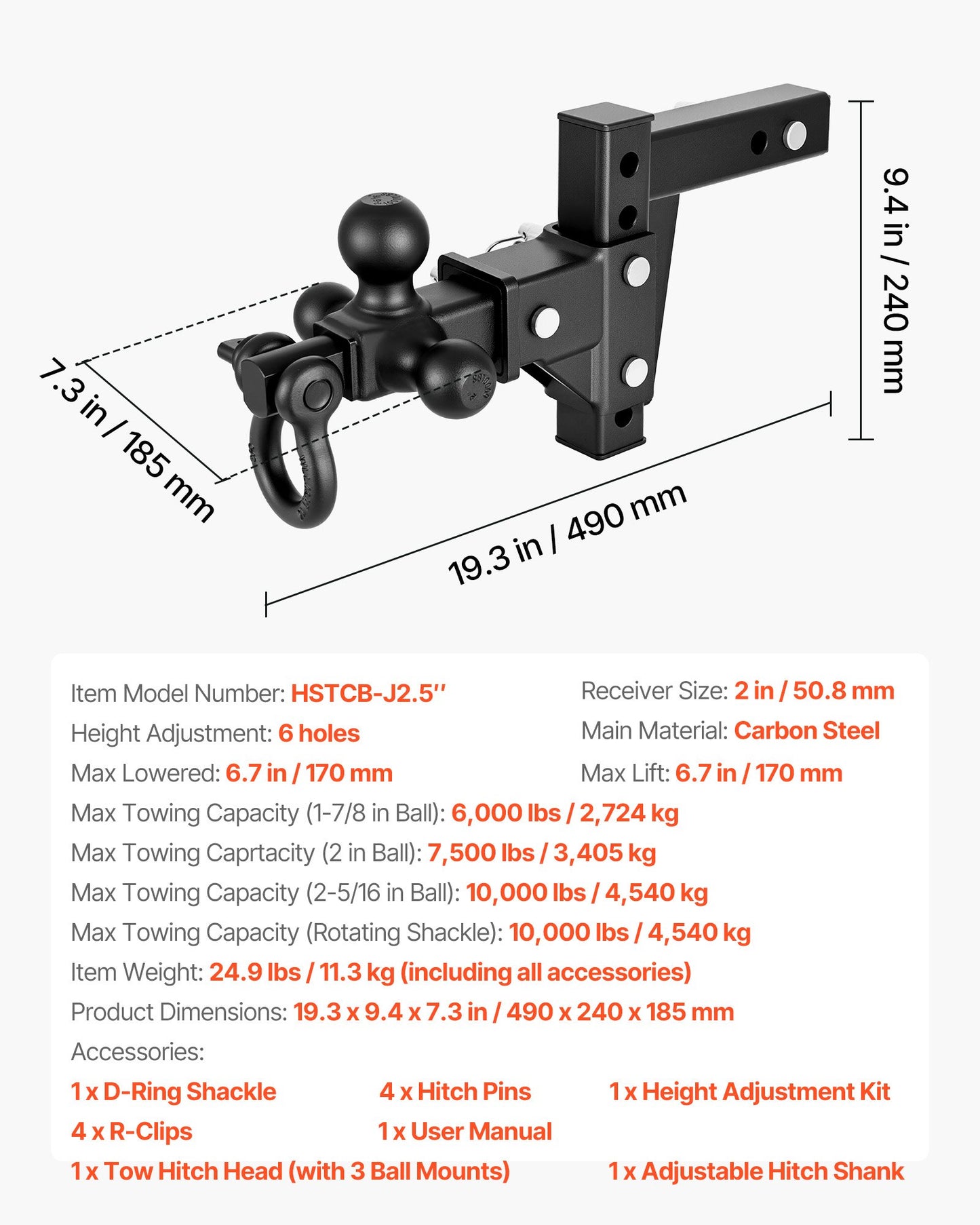 Adjustable Trailer Hitch Ball Mount with D Shackle for 2-Inch Receiver, 10,000 Lb Capacity