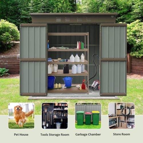 6x4 FT Metal Outdoor Storage Shed Waterproof Garden Tool & Bike Storage with Lockable Double Doors - Brown