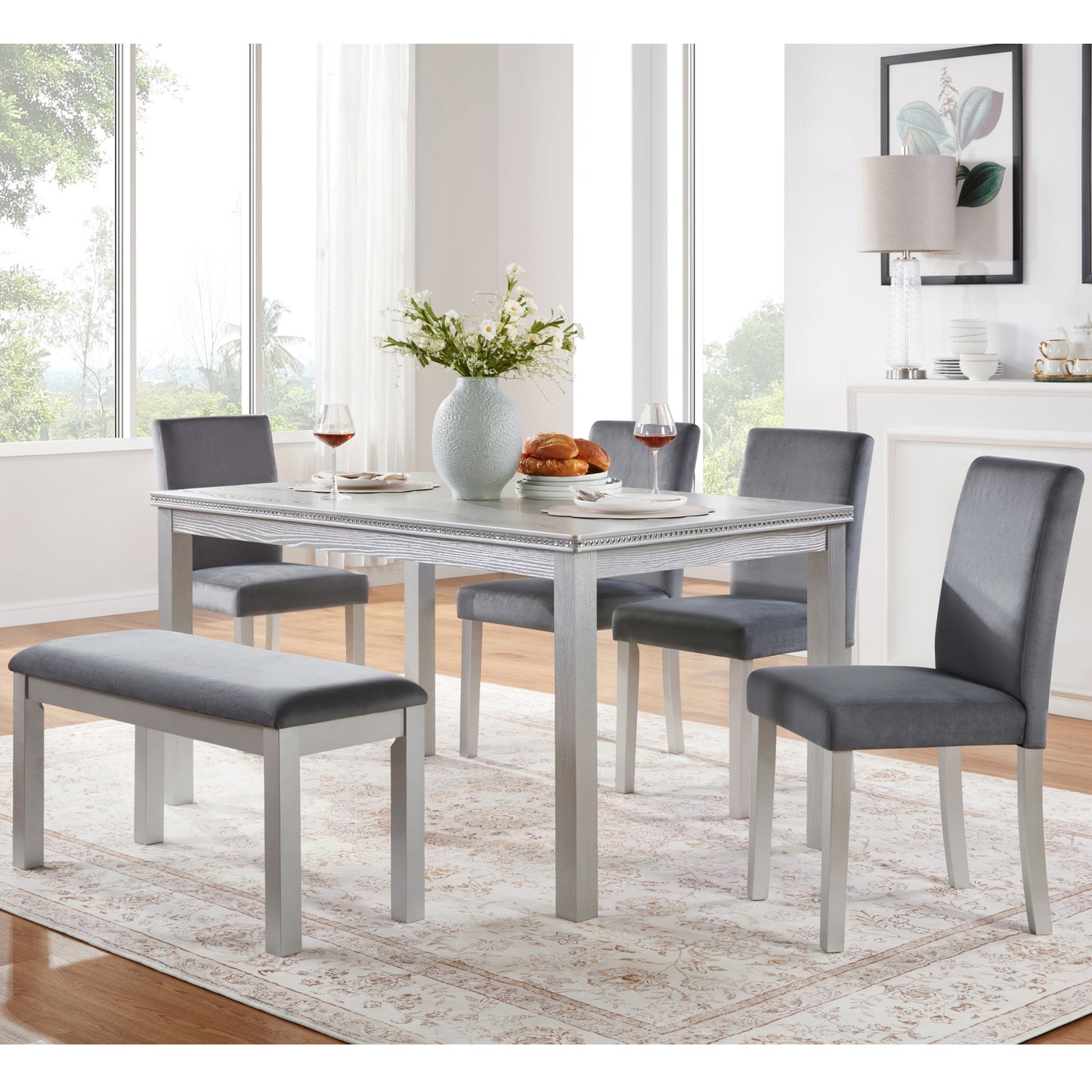 6-Piece Wooden Dining Table Set with Upholstered Chairs & Bench - Silver Grey